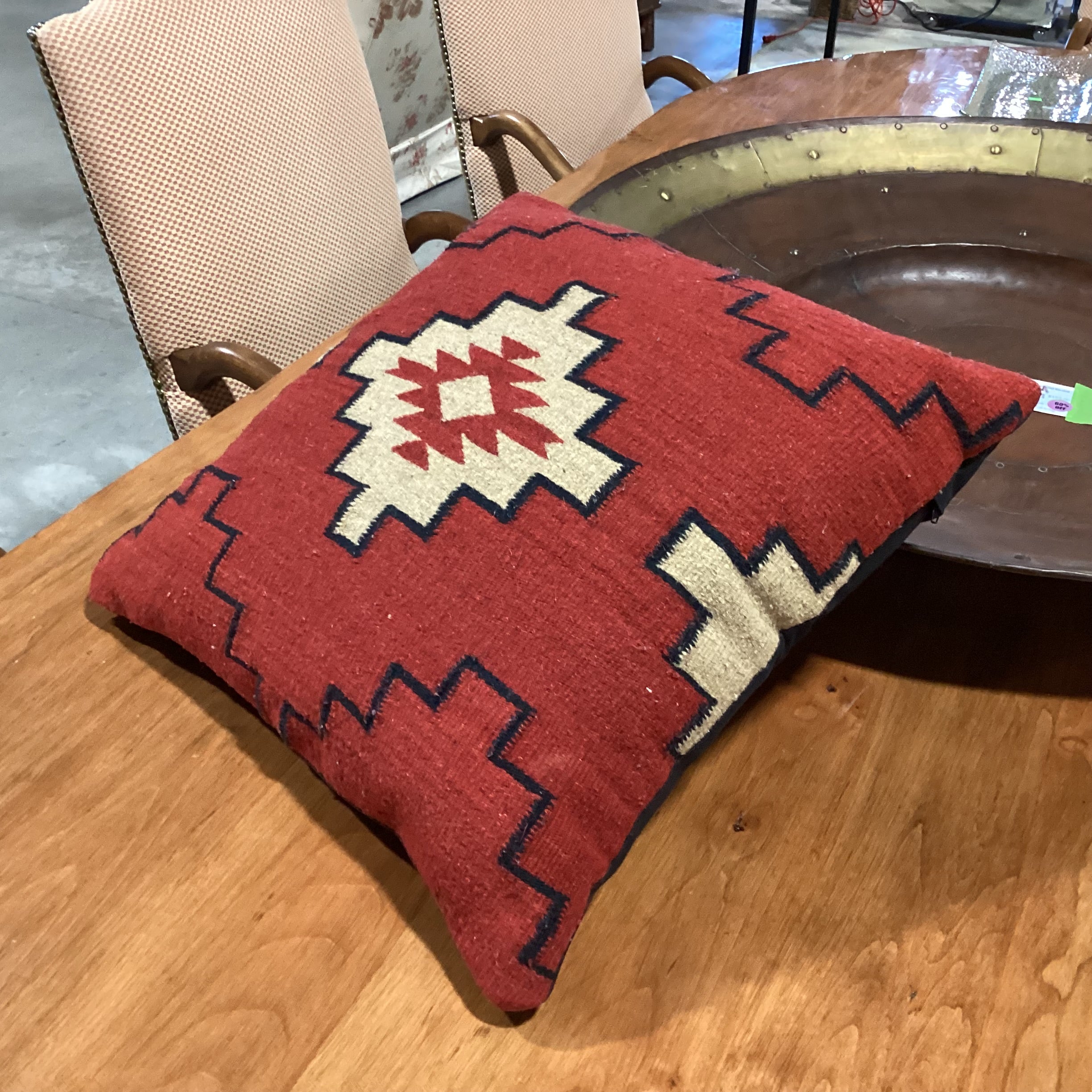 Native American Red Black Tan Hand Woven Wool Accent Pillow 20"x 20"