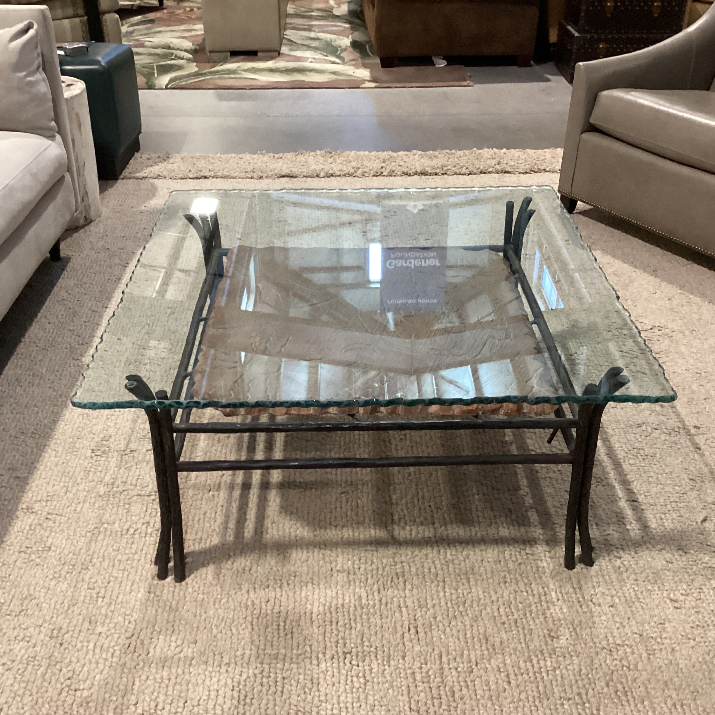 Wrought Iron Carved Scene on Stone & Live Edge Glass Coffee Table 38"x 38"x 17"