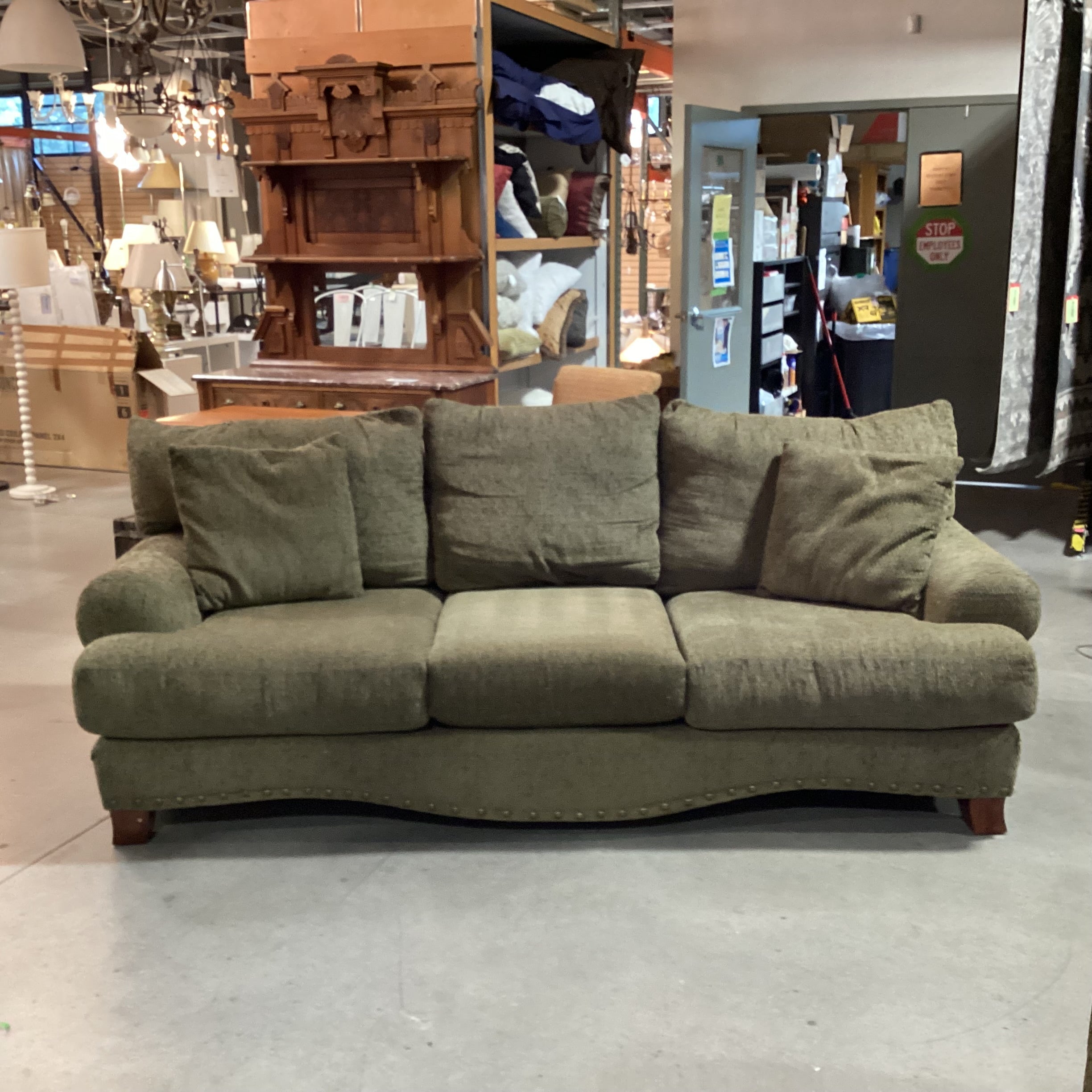 Corinthian Olive Chenille Woven Nailhead Sofa 98"x 45"x 33"