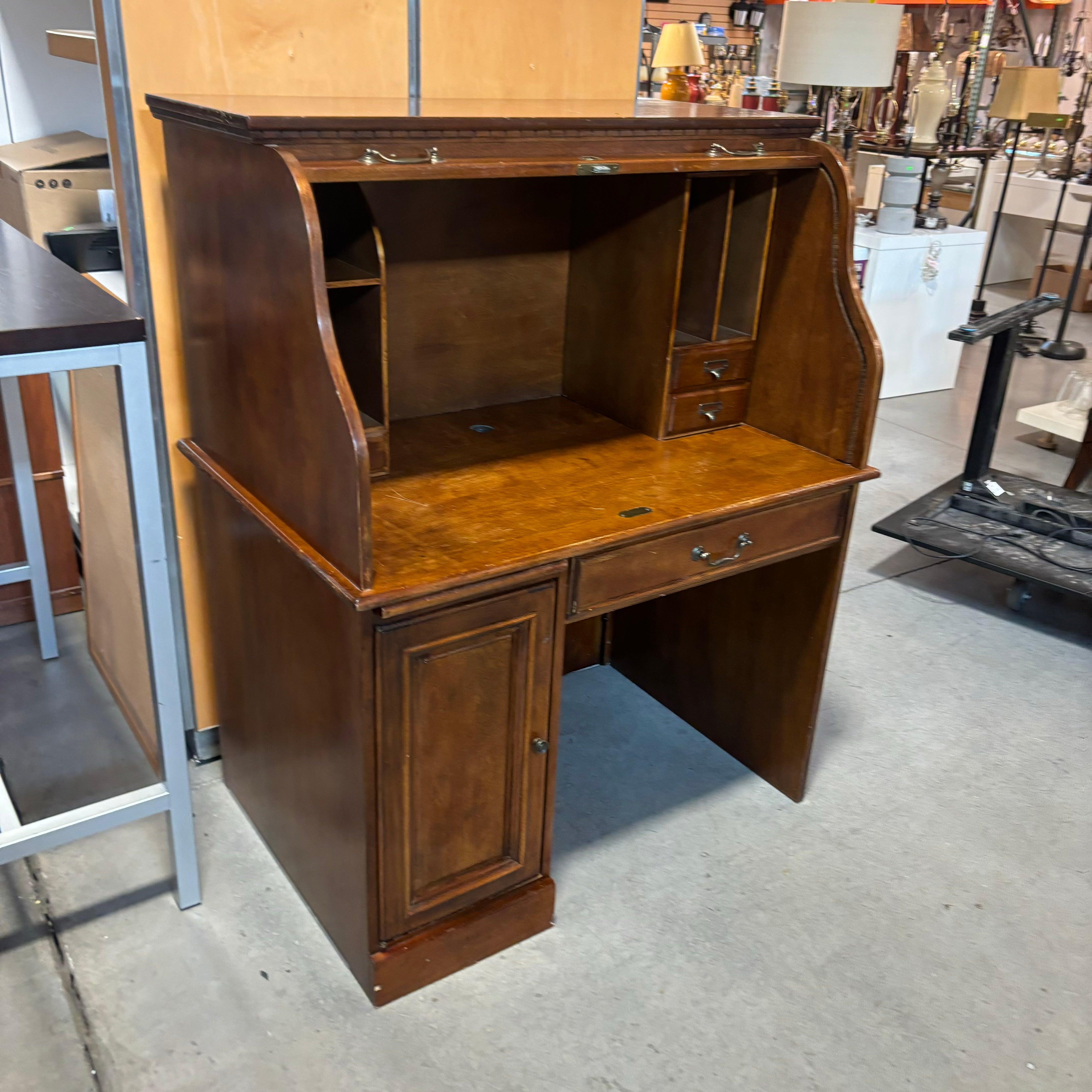 Dark Finish Wood 1 Door 2 Drawer & Pullout Surface Roll Top Desk 42.5"x 29"x 49"