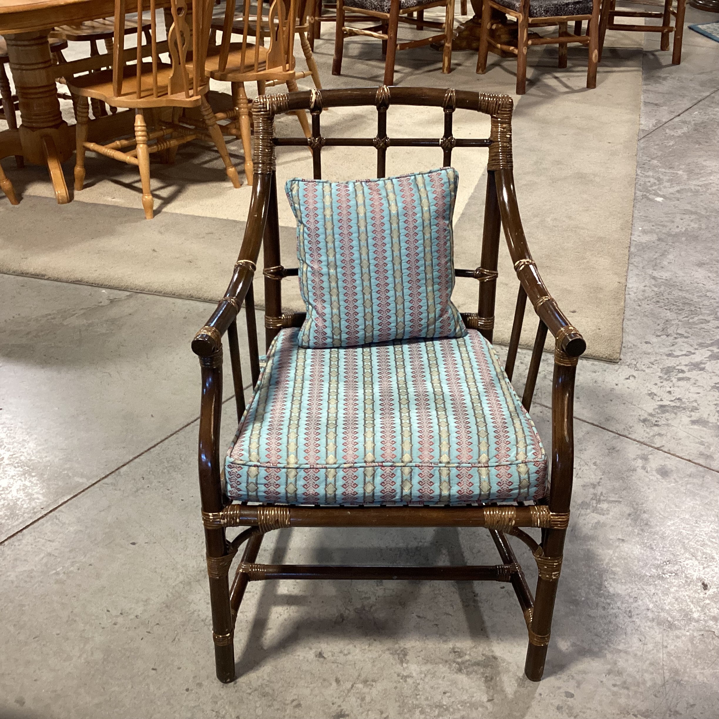 Bamboo Rattan with Blue Red Gold Ribbon Style Fabric Chair 23"x 23"x 34"