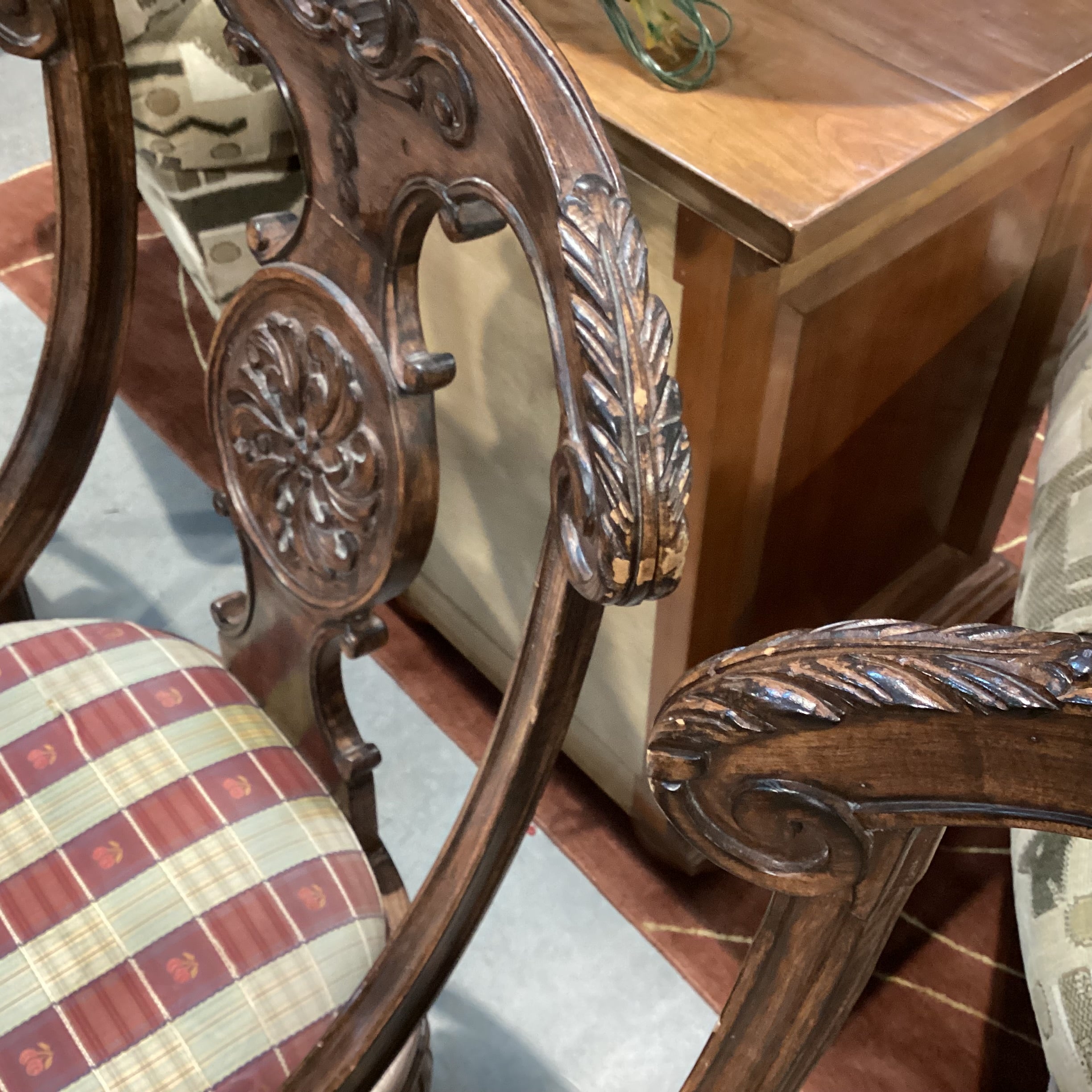 SET of 6 Ornate Carved Wood & Gold Red Cherry Ribbon Dining Chairs 20"x 24"x 38"