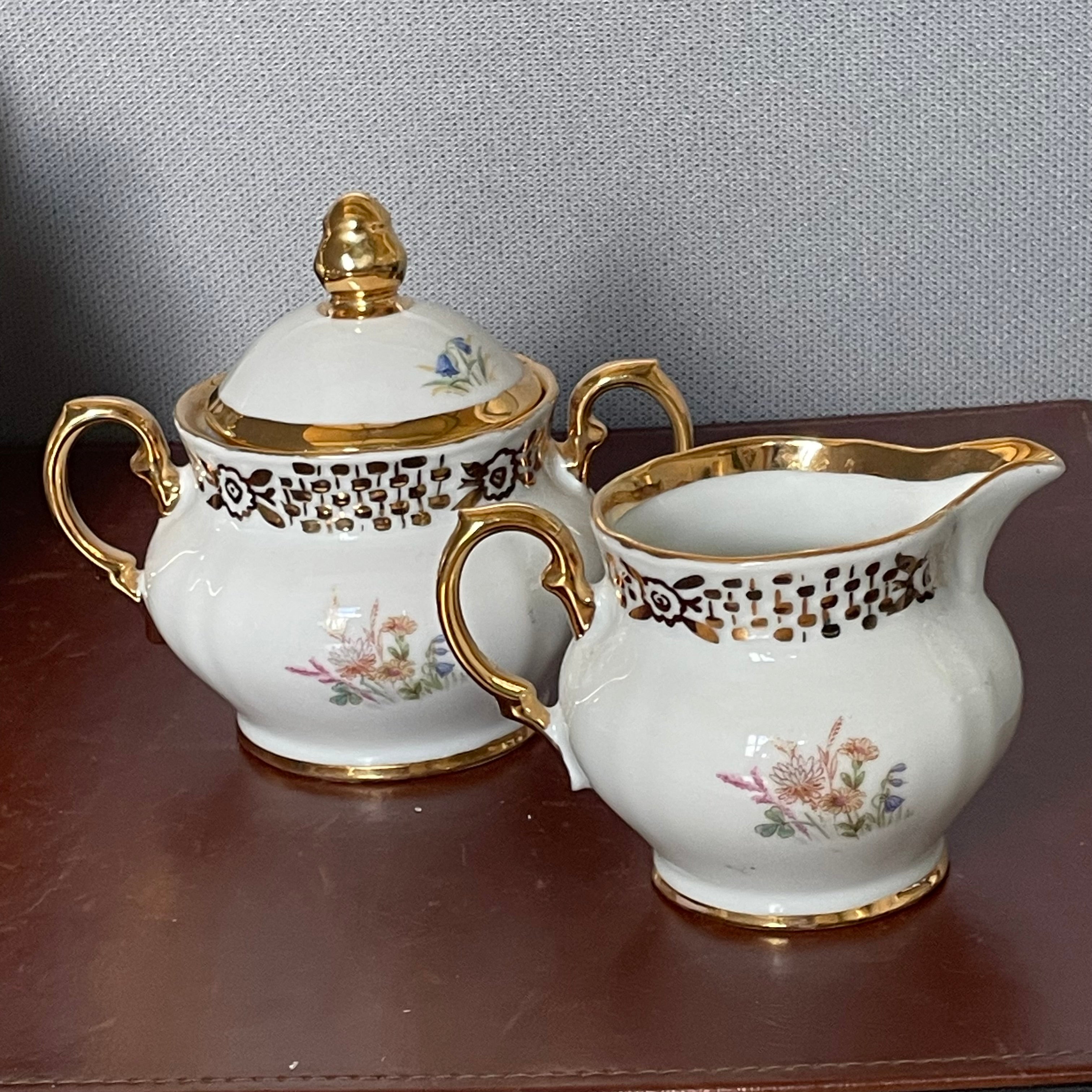 Set of 17 Pieces Oscar Schaller/Winterling Bavarian Gold/White Floral Porcelain Tea Set