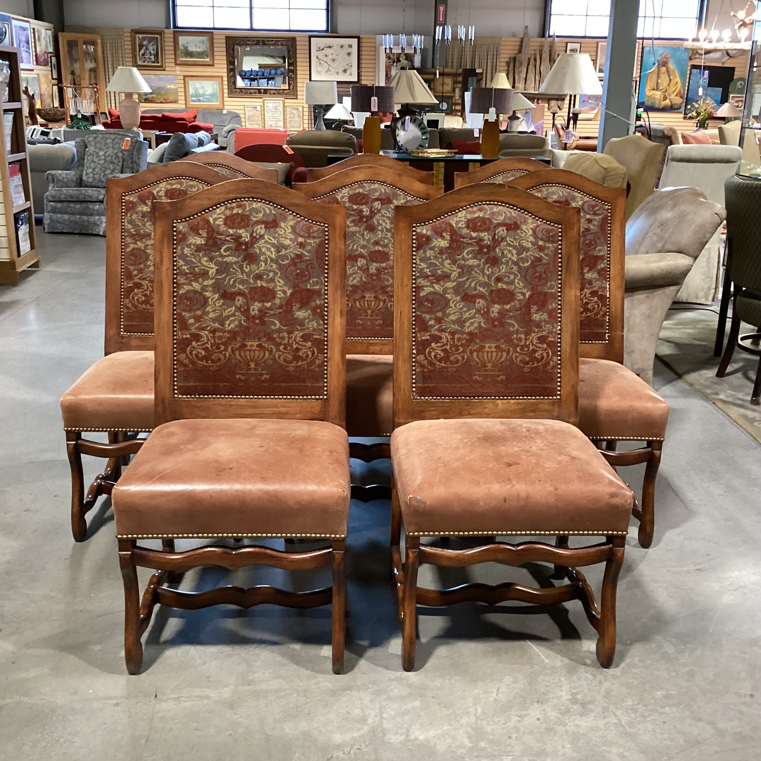 SET of 8 Gina B Custom Carved Wood Leather & Upholstery Nailhead Dining Chair 22"x 24"x 43"