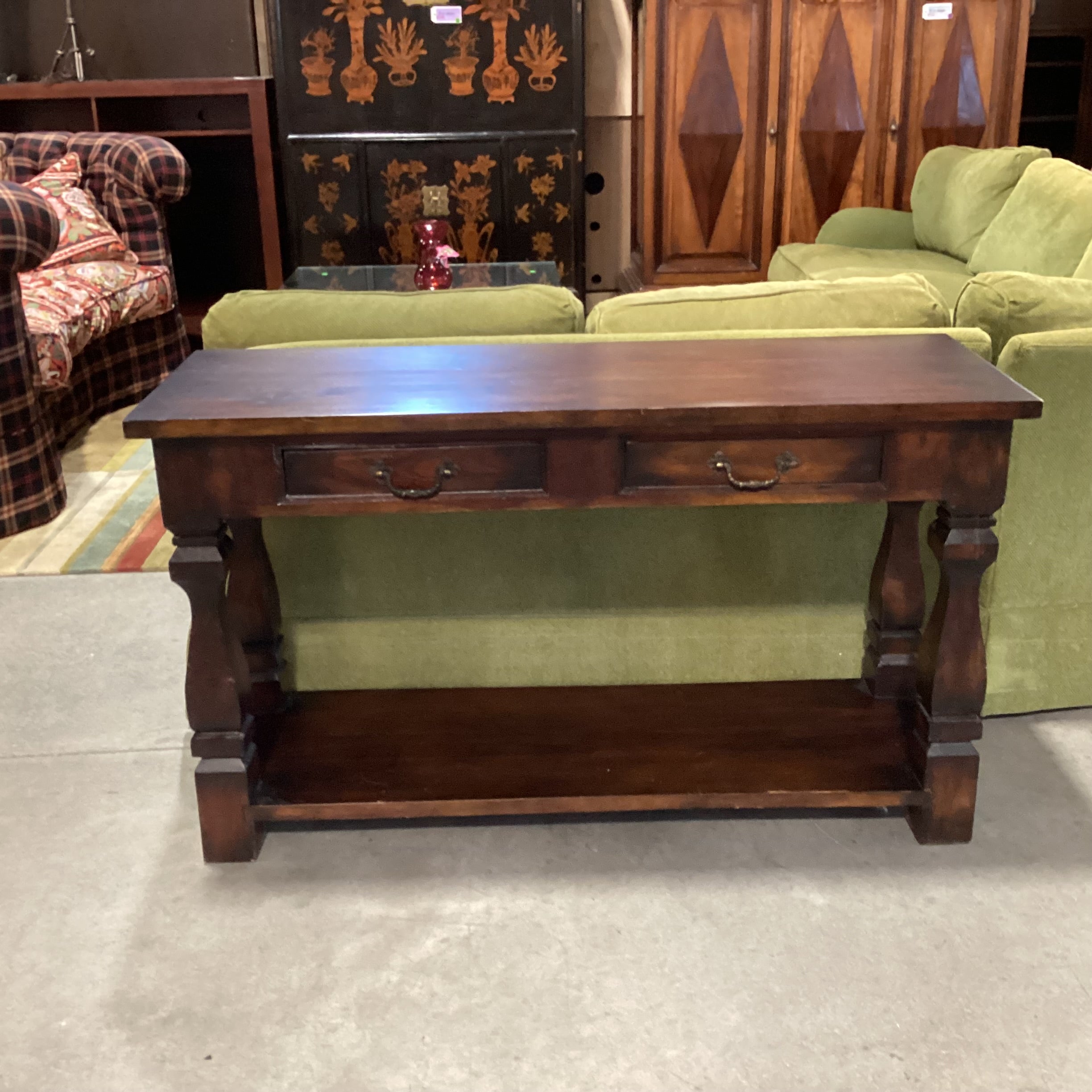 Solid Dark Finish Wood Carved Legs 2 Drawer & Bottom Shelf Console Sofa Table 52"x 18"x 30"