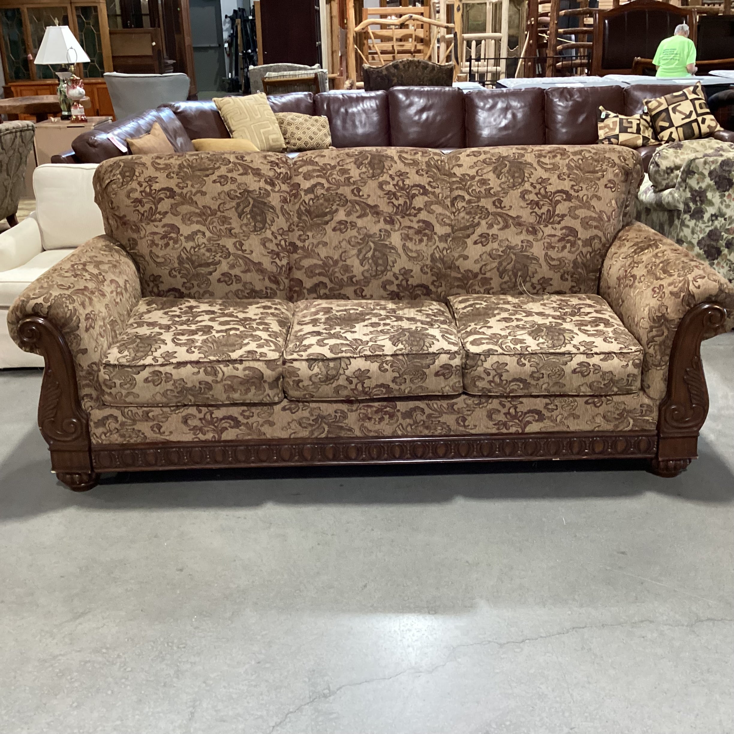 Ashley Tan Brown Rust Woven Floral & Carved Wood Sofa 87"x 40"x 38"