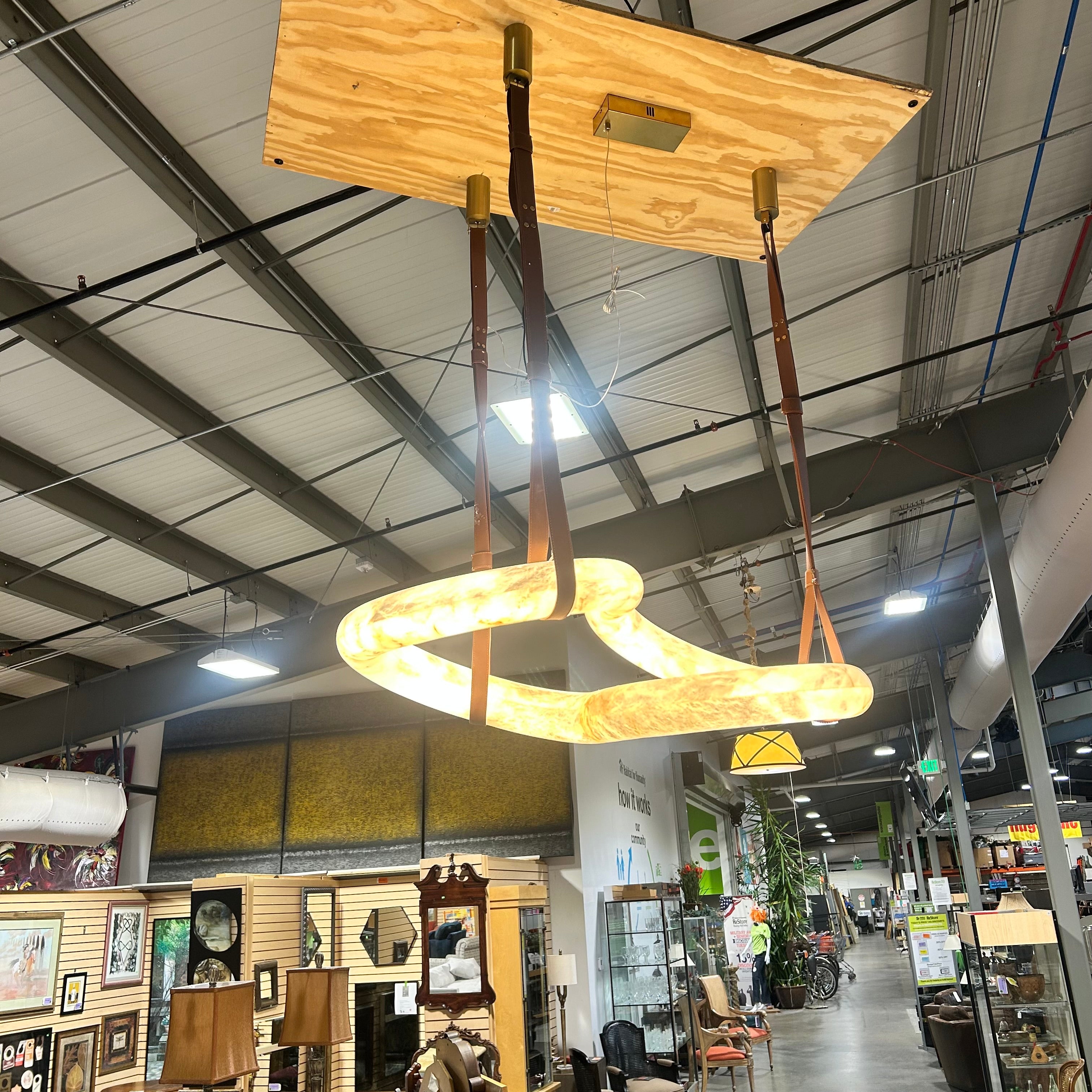 The Infinity Hanging Stone Sculptural Pendant With Brown Leather Straps 42"x 31"x 56"