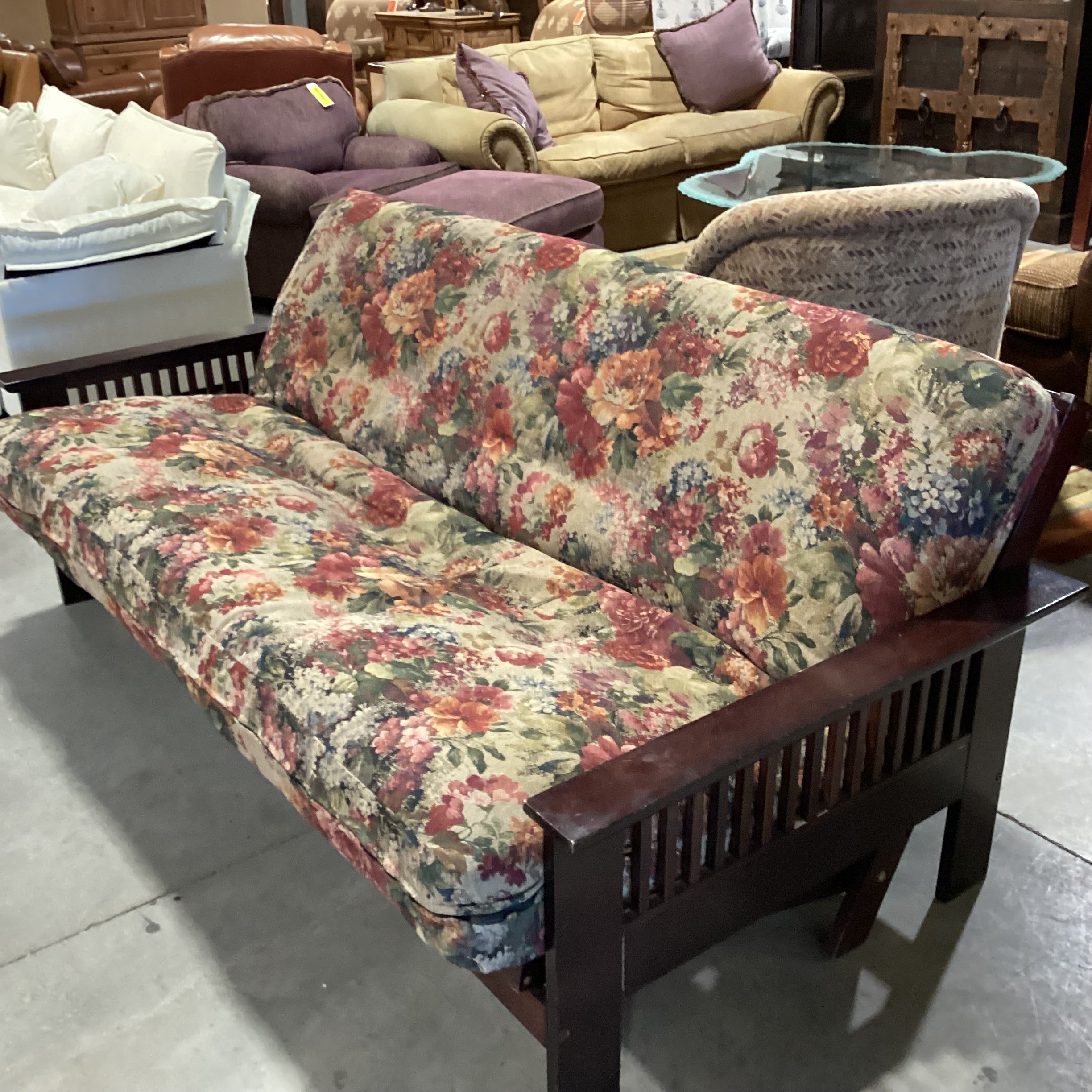 Dark Wood Frame & Red Green Floral Cushion Futon Sofa 81"x 46" to 55"x 33"