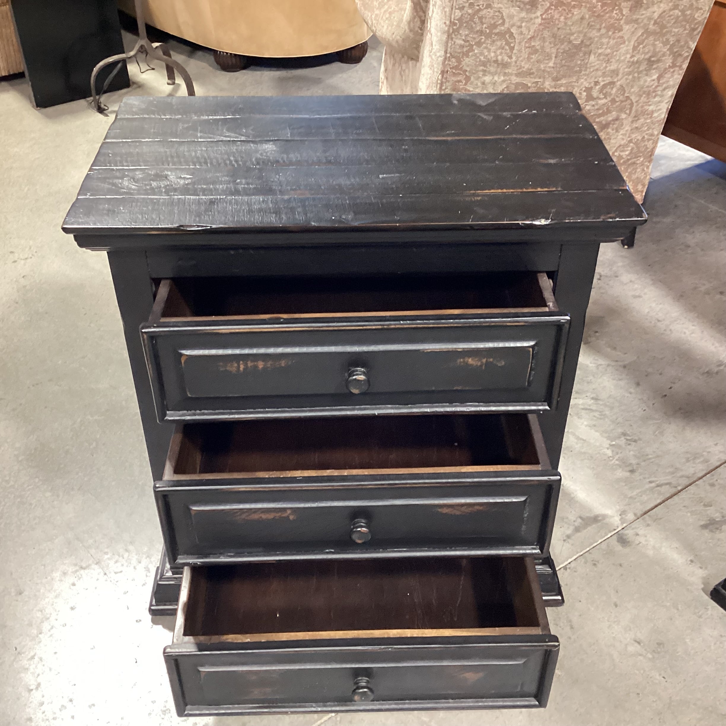 Black Distressed Wood 3 Drawer Chest Nightstand