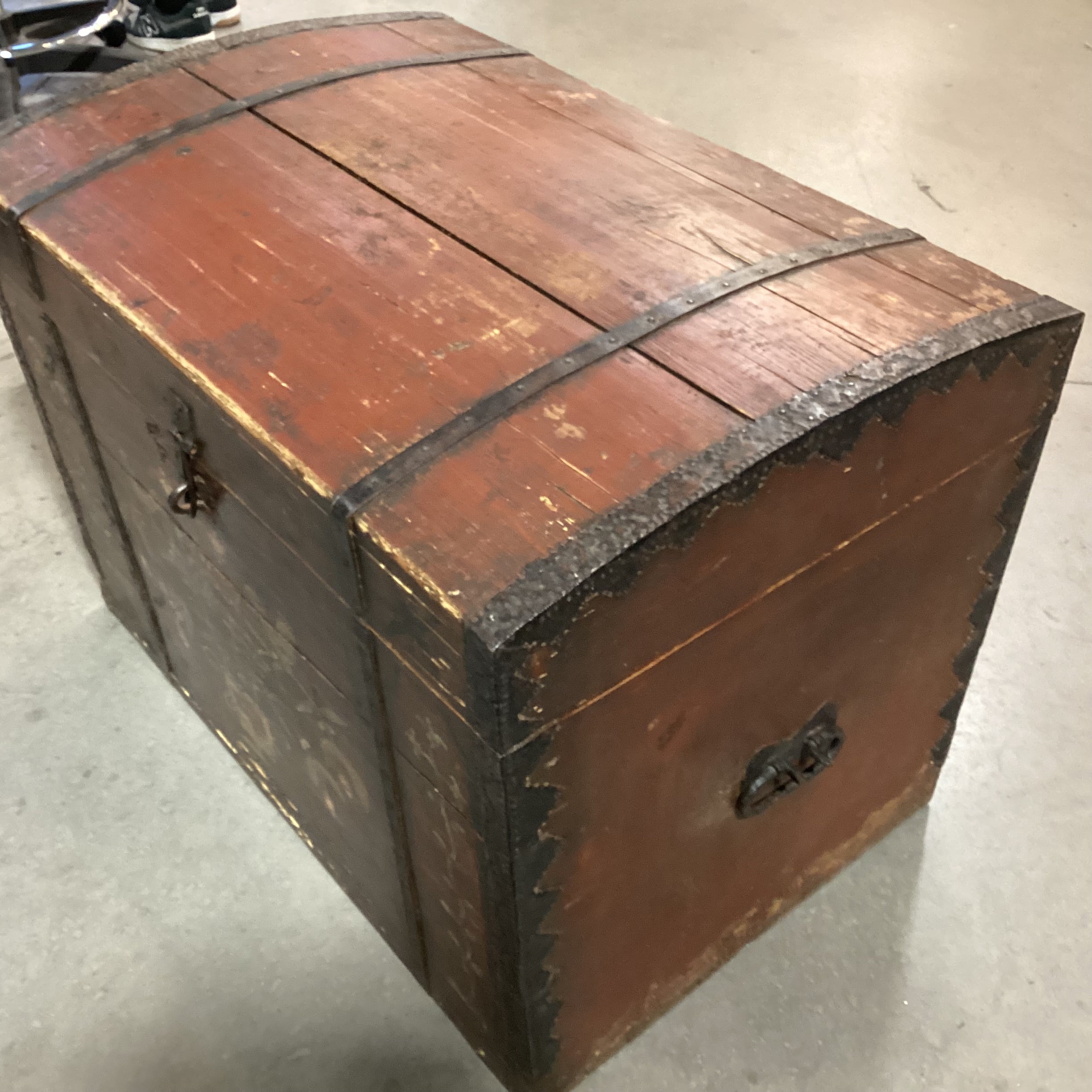 Antique 1873 Red with Floral Hand Painted Wood & Iron Trunk 34"x 24"x 25"