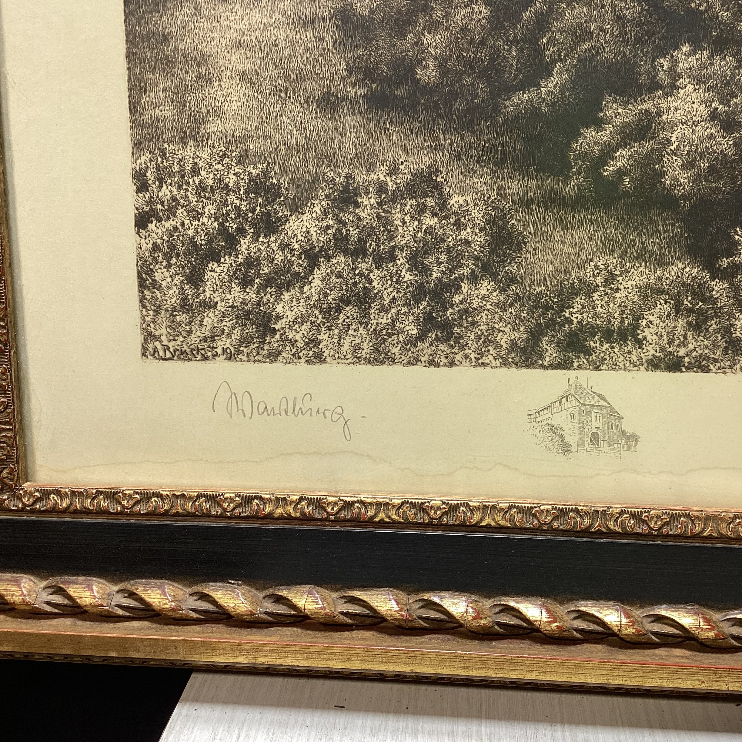 Albrecht Bruck Signed Wartburg Castle, Eisenach, Germany Etching In Gold & Black Frame 31.5" x 25.5"