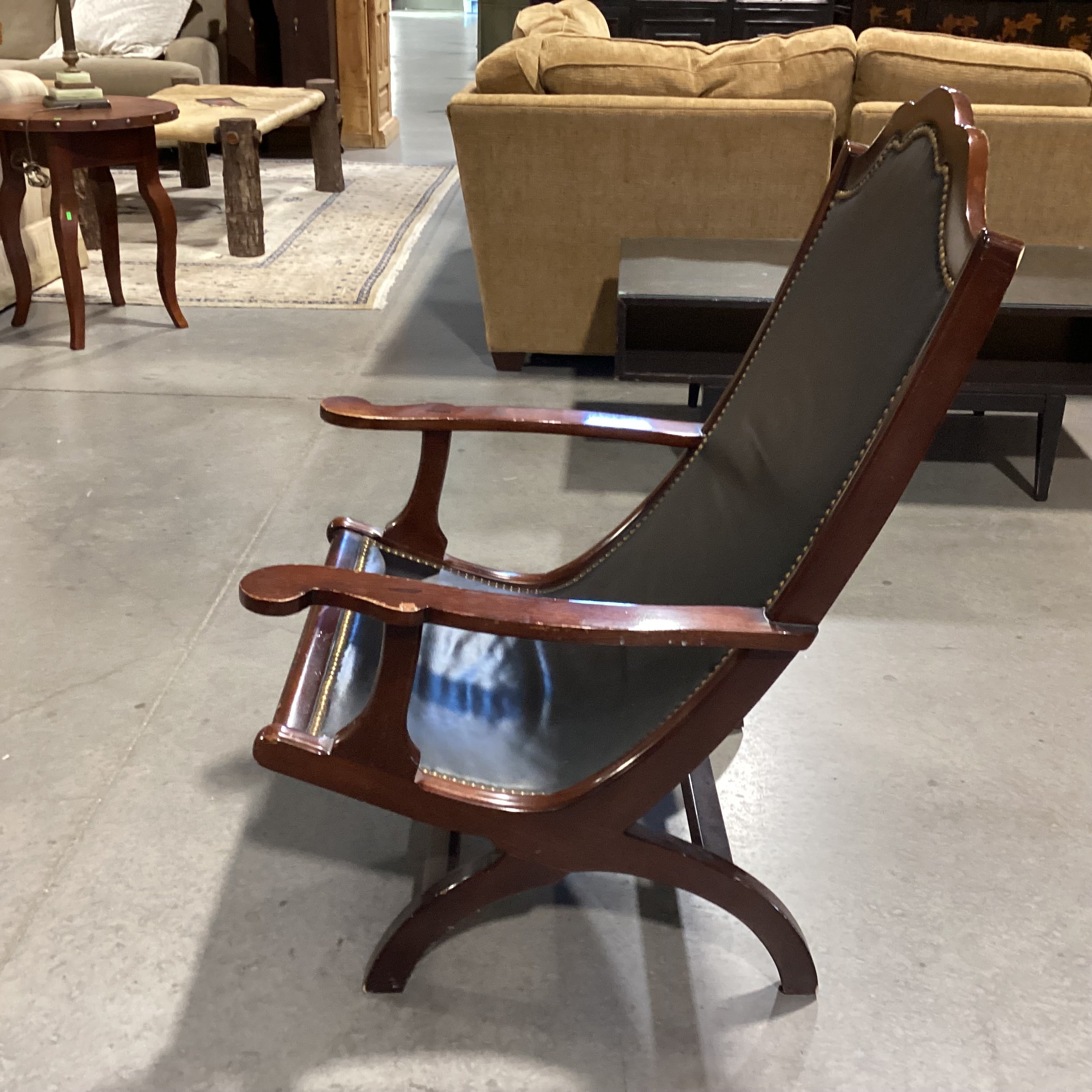 Black Leather Nailhead & Carved Wood Plantation Style Chair 27"x 30"x 40"