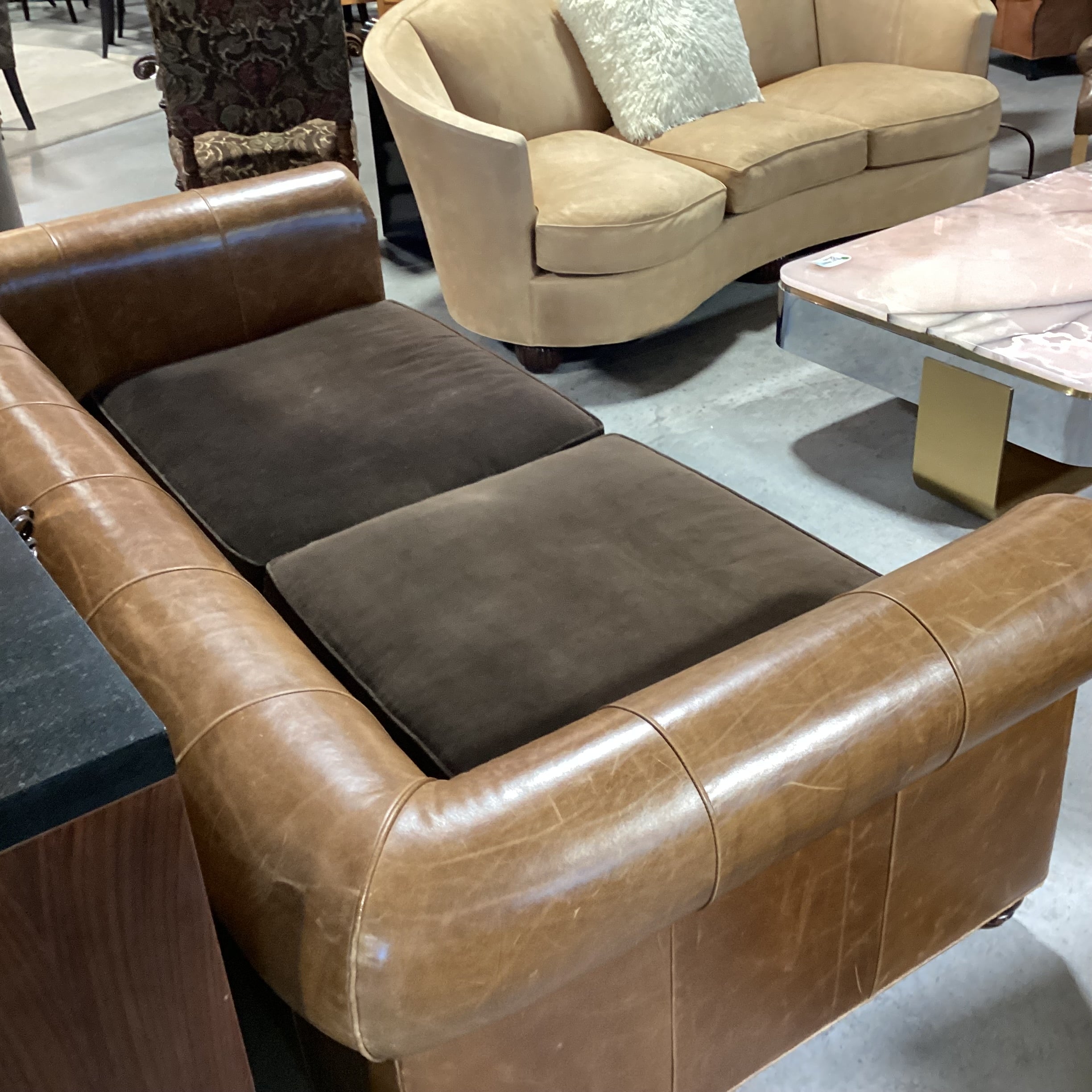 Leather Nail Head Roll Arm & Back with Brown Velvet Seat Cushions Sofa 94"x 46"x 30"