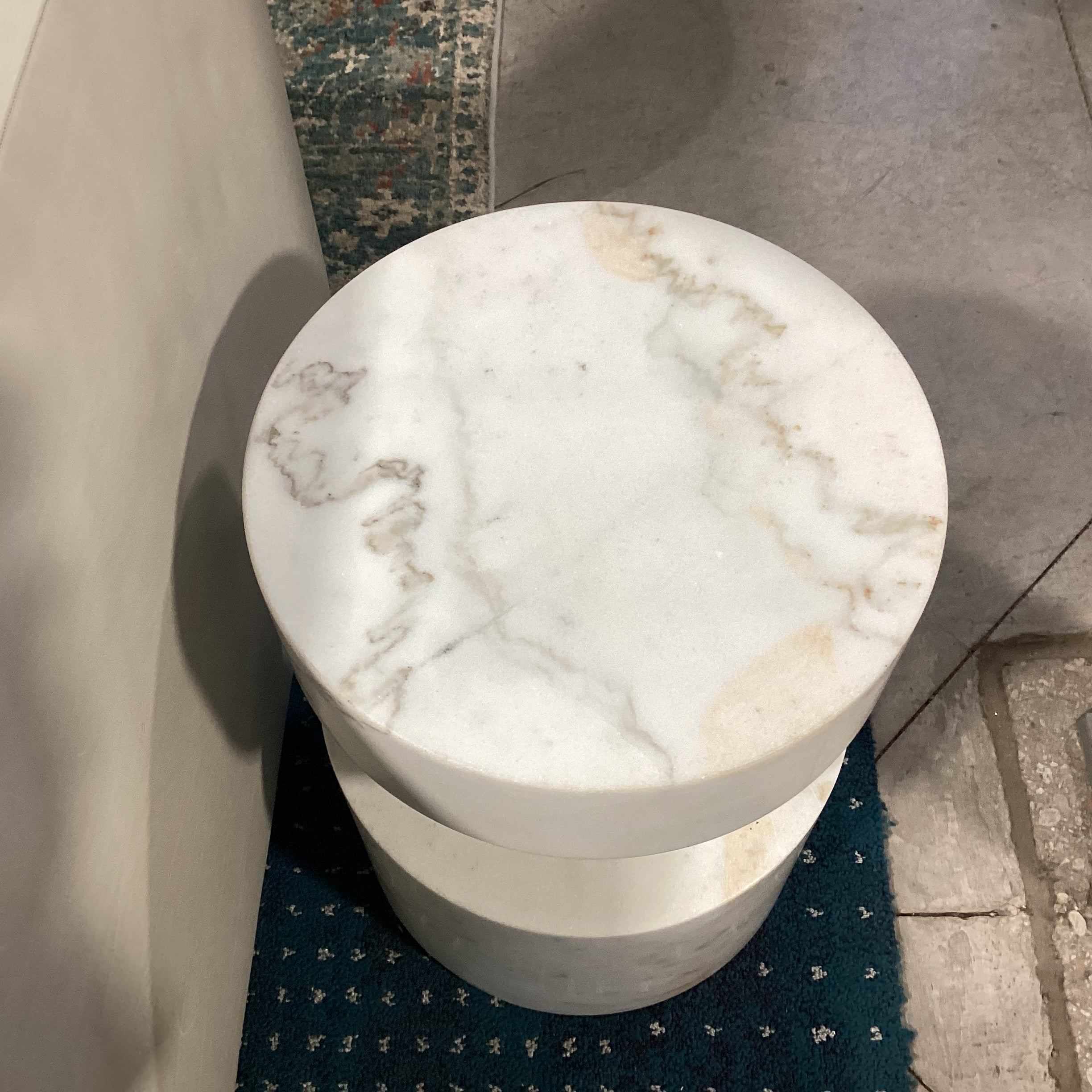 Noir Mamud White with Grey & Brown Veining Marble Accent Table 13" Diameter x 18"