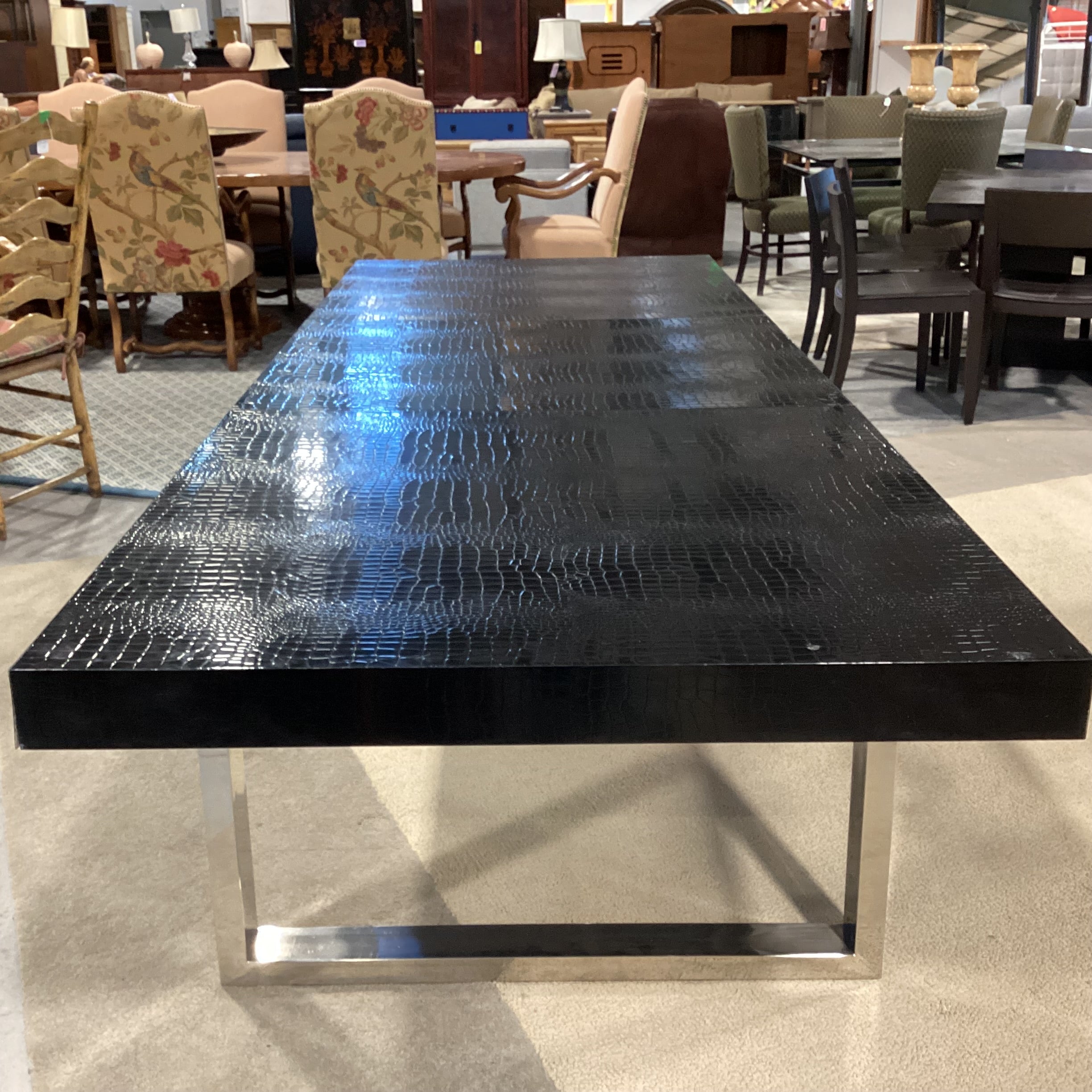 A & X Casa Luxury Collection Skyline Modern Black Krocodile Lacquer & Chrome 1 Leaf Dining Table 71" to 100.5"x 37"x 29"