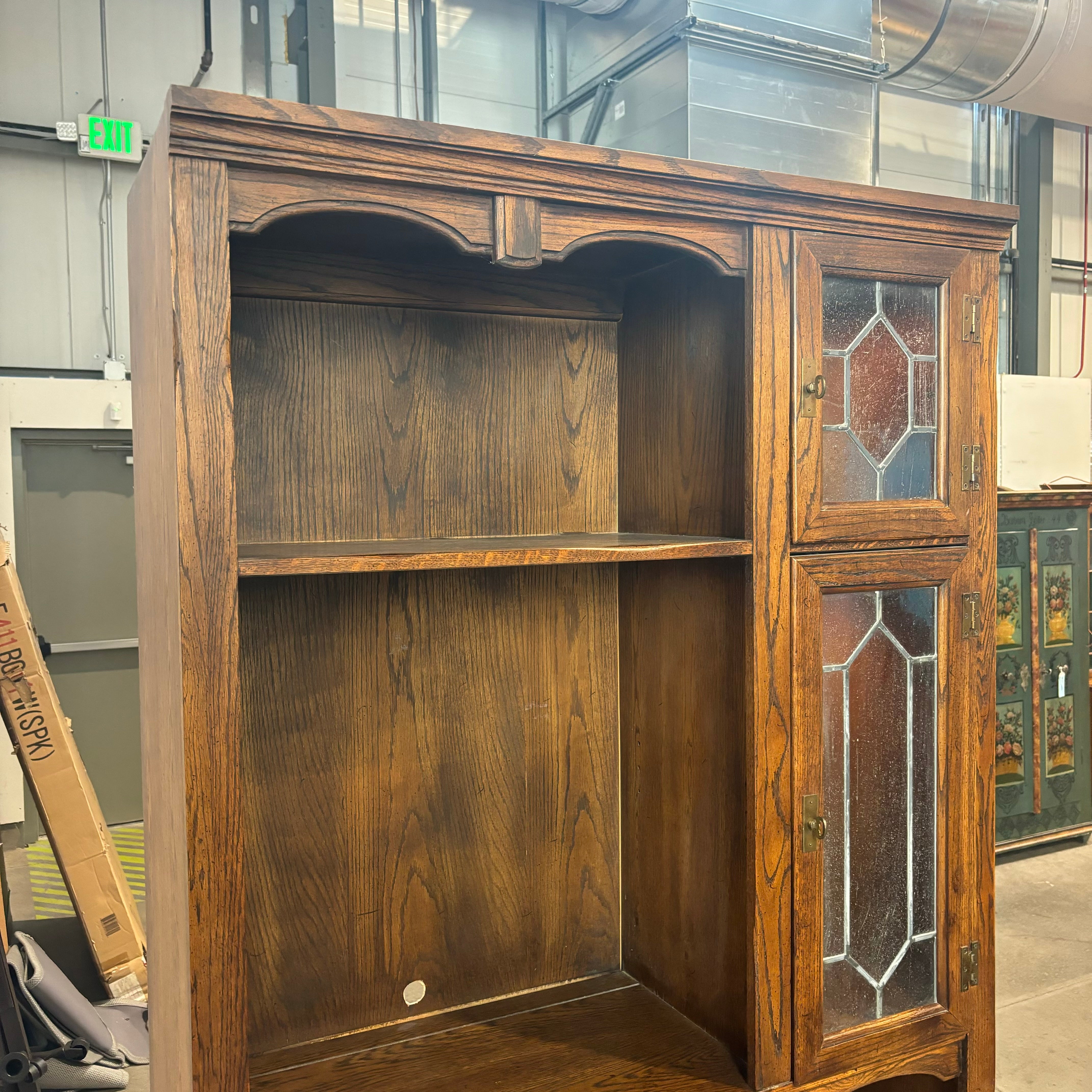 Dark Finish Solid Wood & Leaded Glass 5 Door Lighted Display Bookcase 45"x 18"x 87"