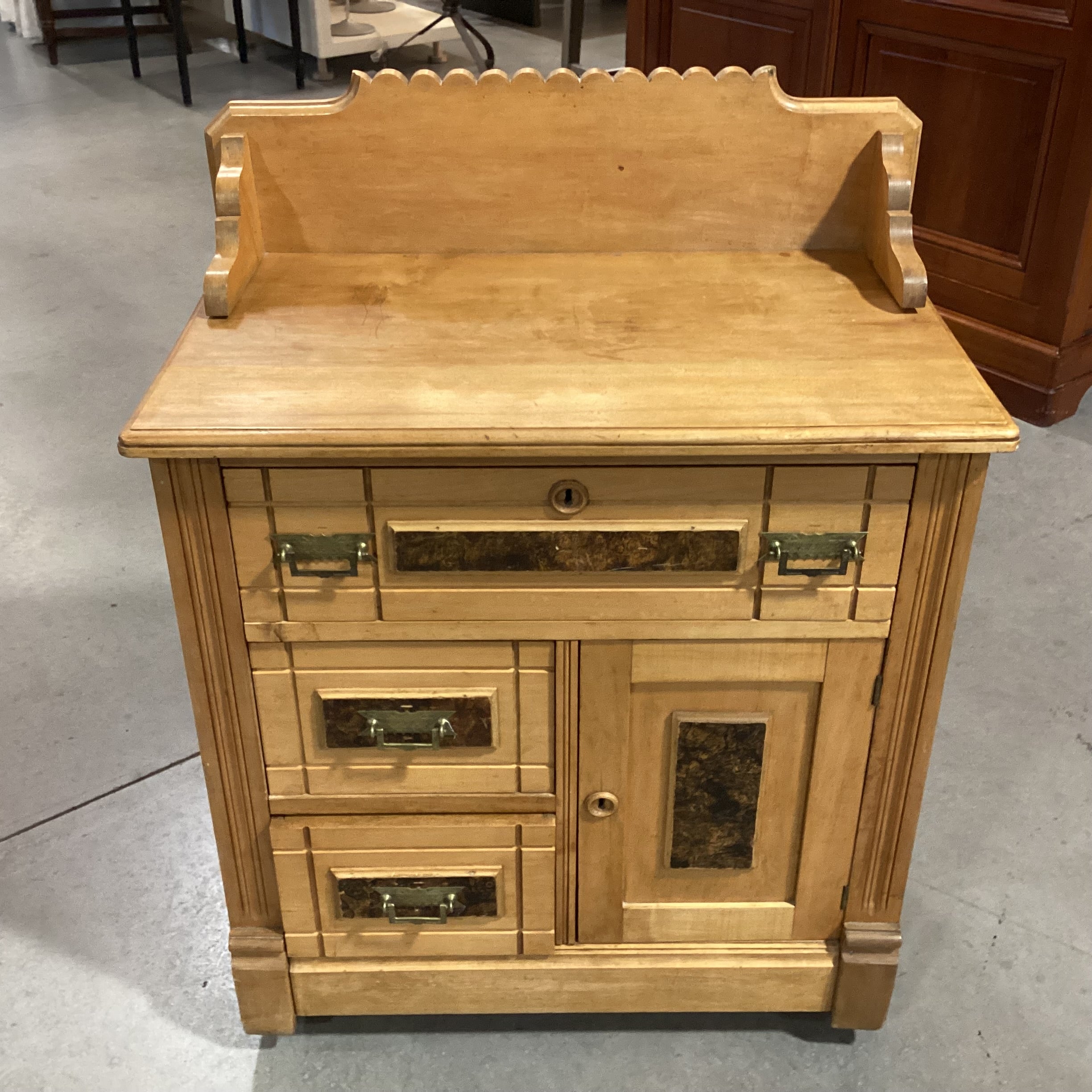 Antique Light Finish Carved Wood Burl Veneer Detail Dry Sink Chest 27.5"x 17"x 36"