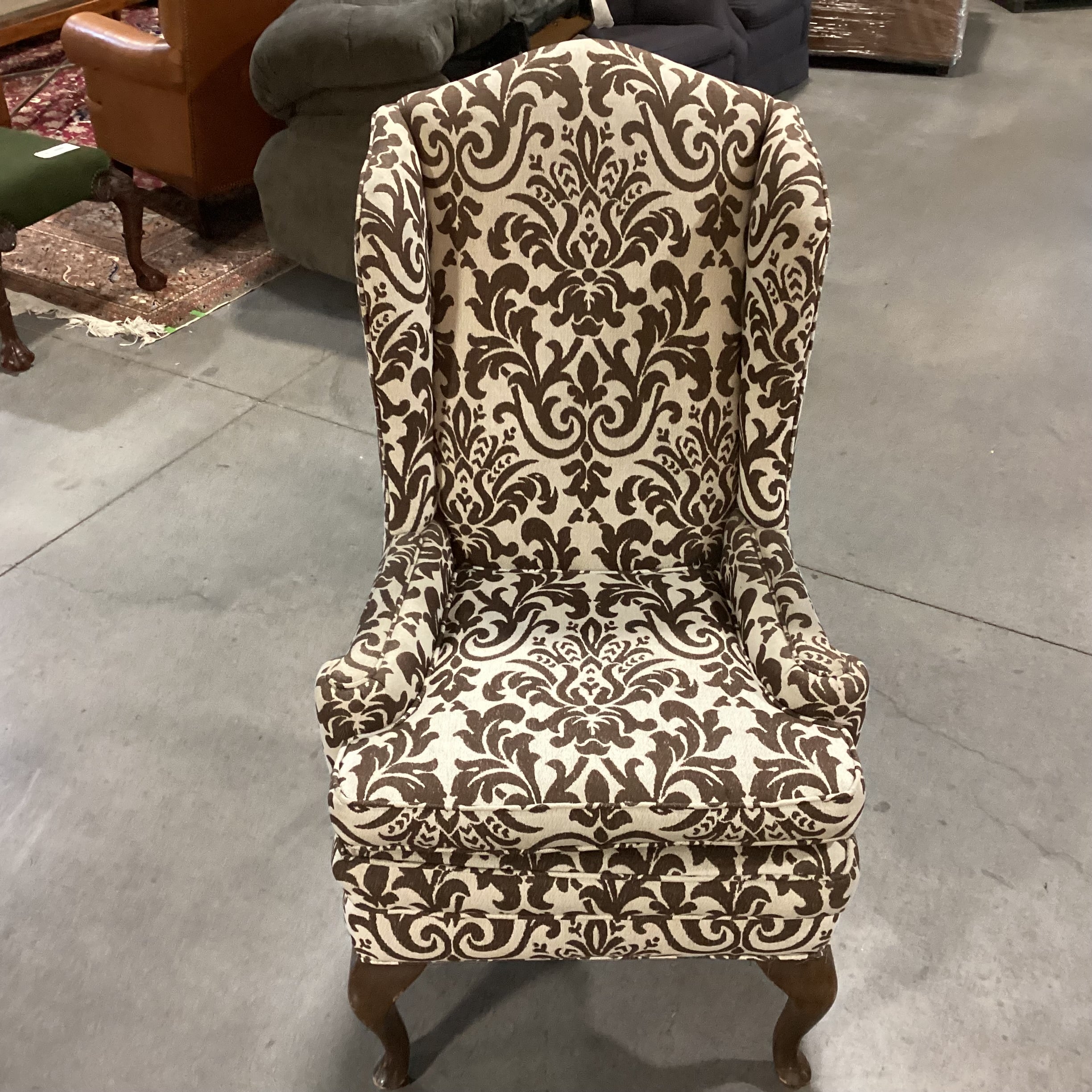 Custom Cream Brown Scroll Floral with Carved Legs Highback Wing Chair 30"x 30"x 50"