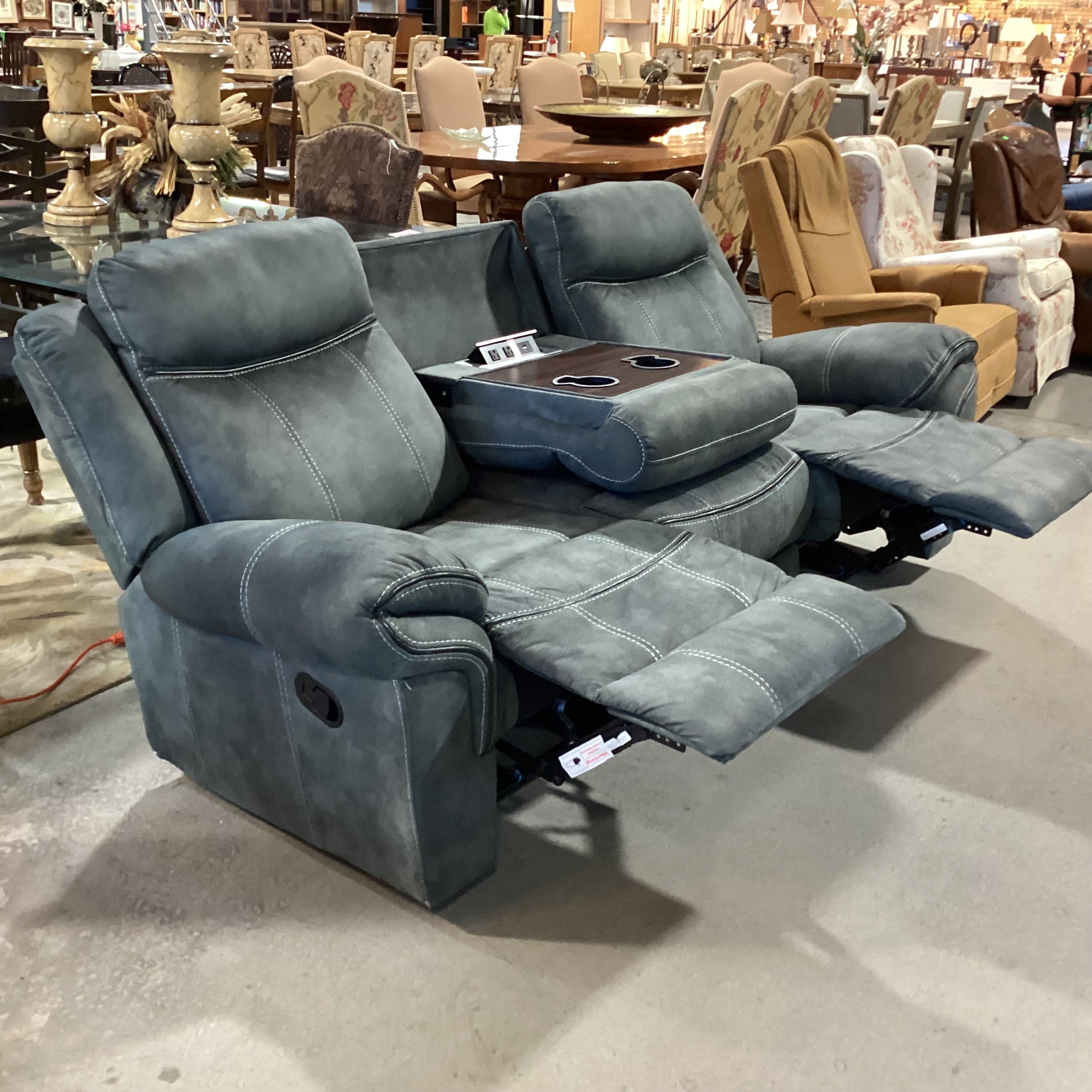 Textured Slate Grey Ultra Suede with Piping & Stitching Accent Double Recliner with Outlet Console Sofa 89"x 39" to 55"x 41"
