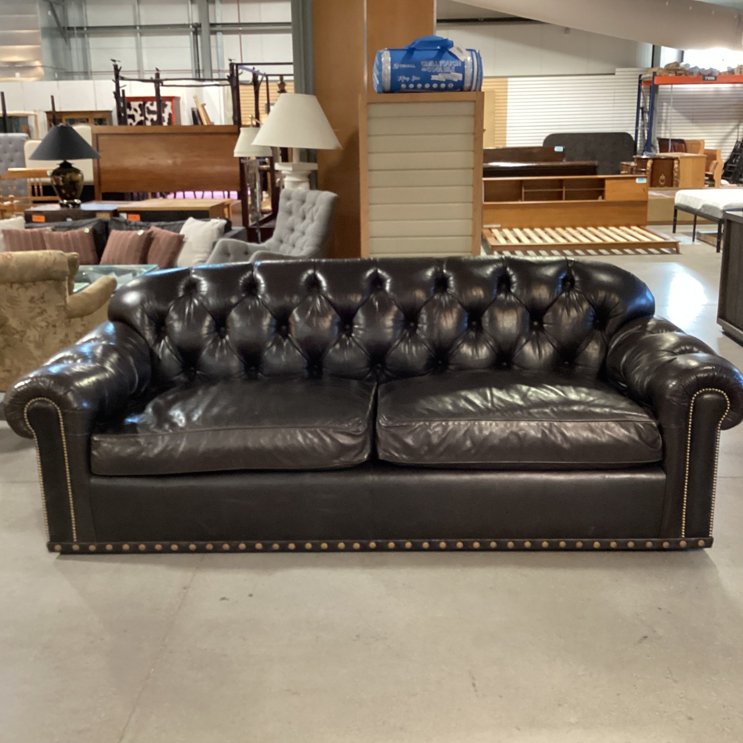 JJ Custom Dark Espresso Leather Tufted Down Mix with Nailhead Detail Sofa 98"x 40"x 36"
