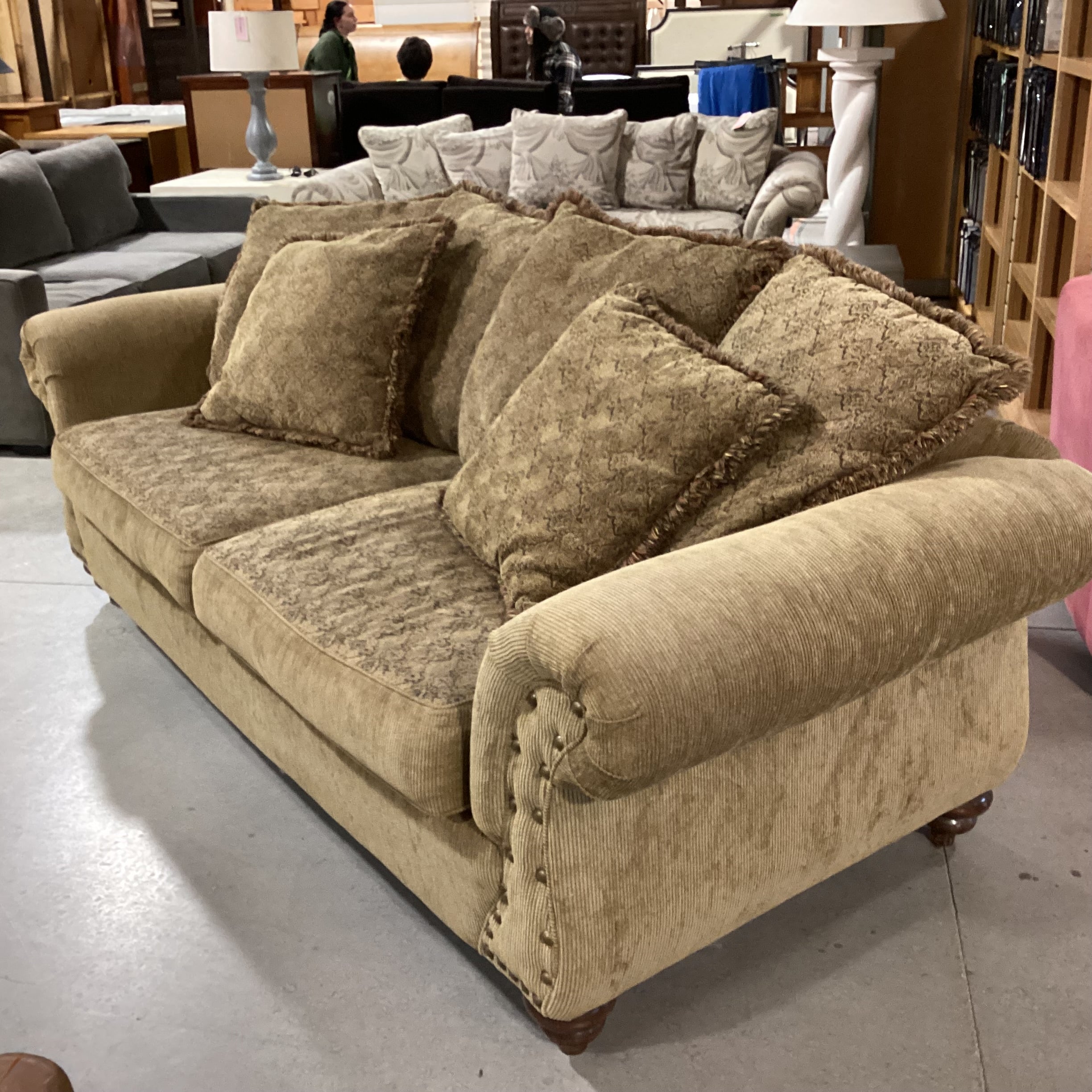 Golden Olive with Reversible Patterned Cushions & Back Pillows Roll Arm Nailhead Sofa 97"x 40"x 30"