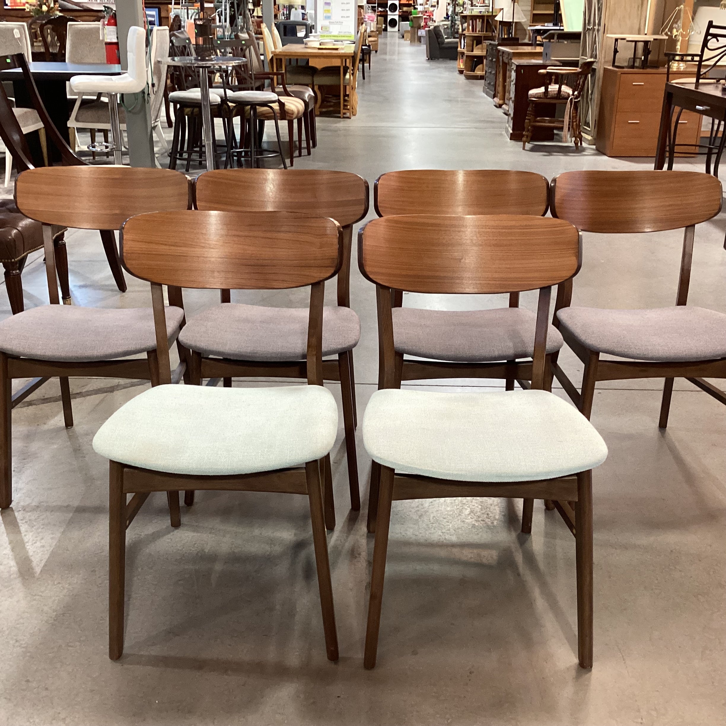 SET of 6 Mid Century Style Walnut Blue & Grey Seat Dining Chairs 18"x 18"x 30.5"