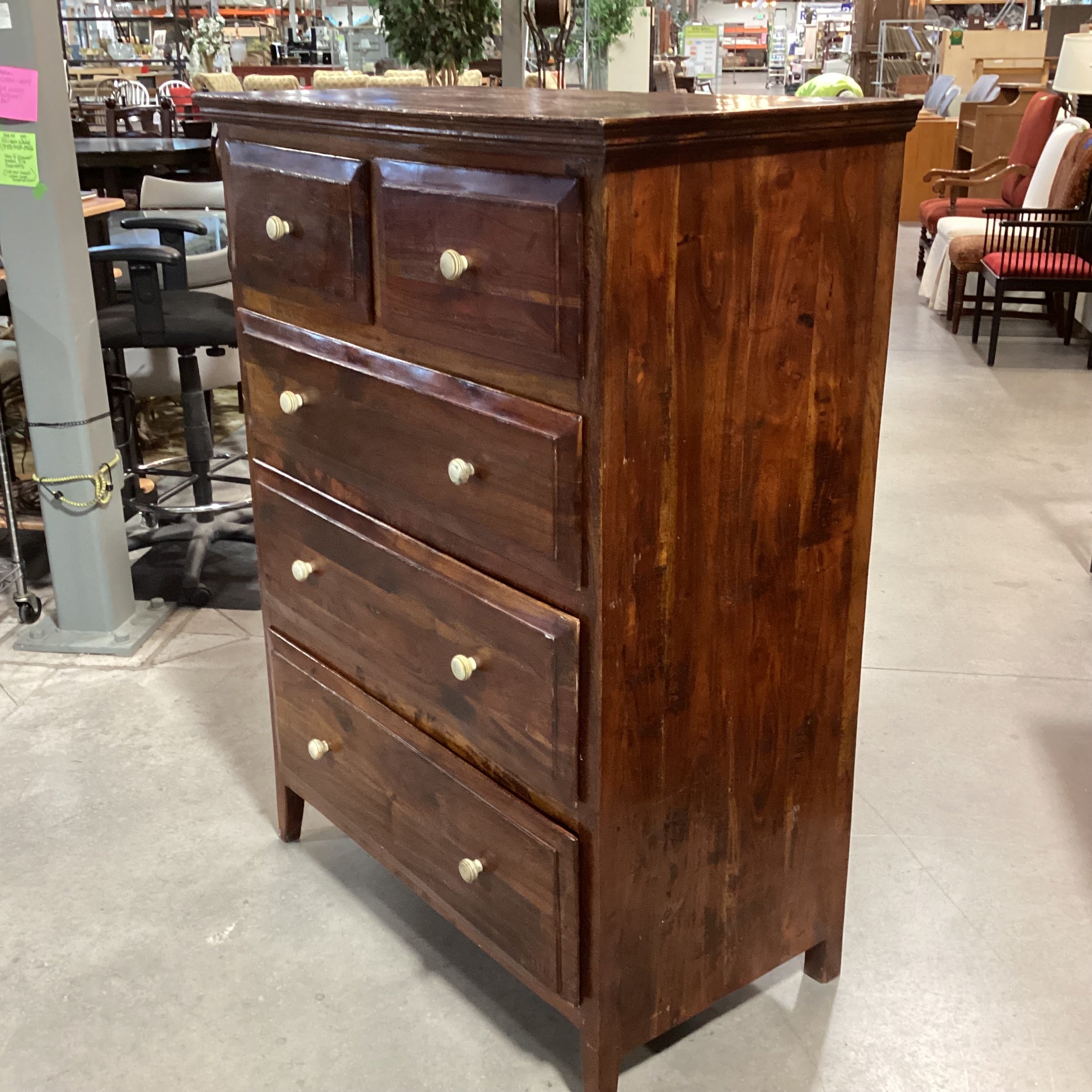 Solid Distressed Red Tone Finished Wood 5 Drawer Chest 39.5"x 21.5"x 54.5"