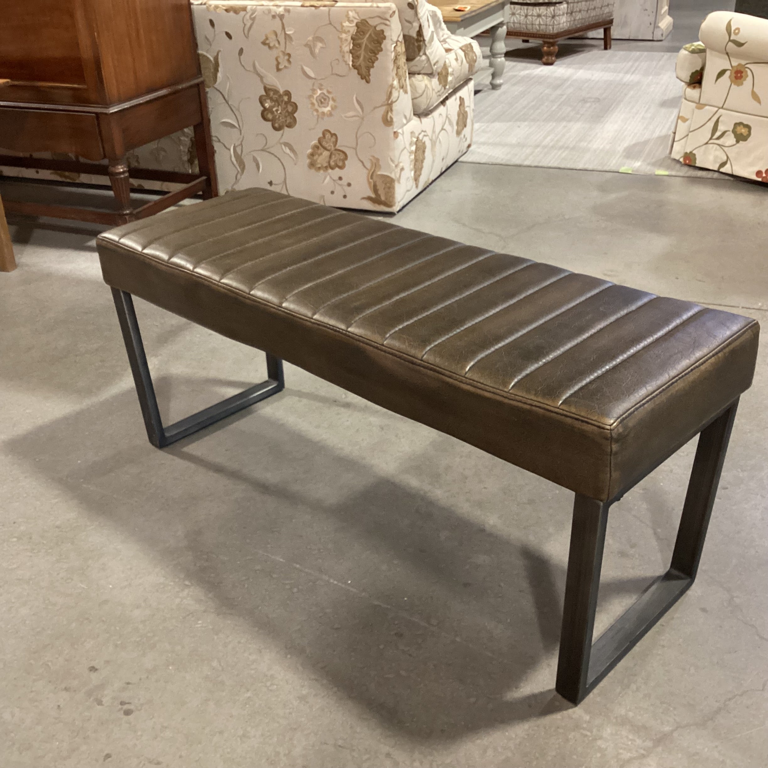 Jasper Distressed Bronze Faux Leather Channel Tufted & Metal Bench 45"x 16"x 20"