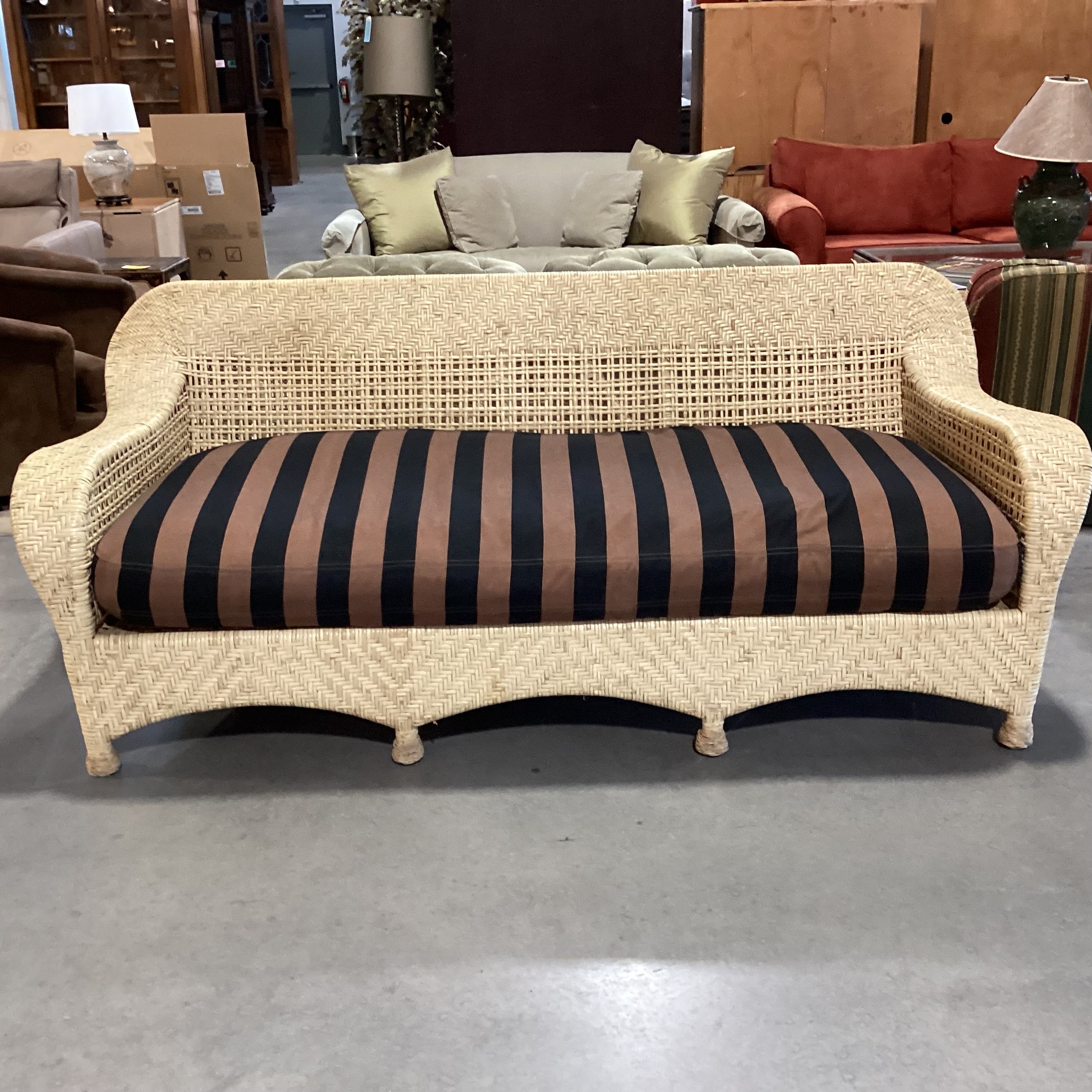 Rattan Wicker & Black & Brown Stripe Down Cushion Sofa 85"x 44"x 33"