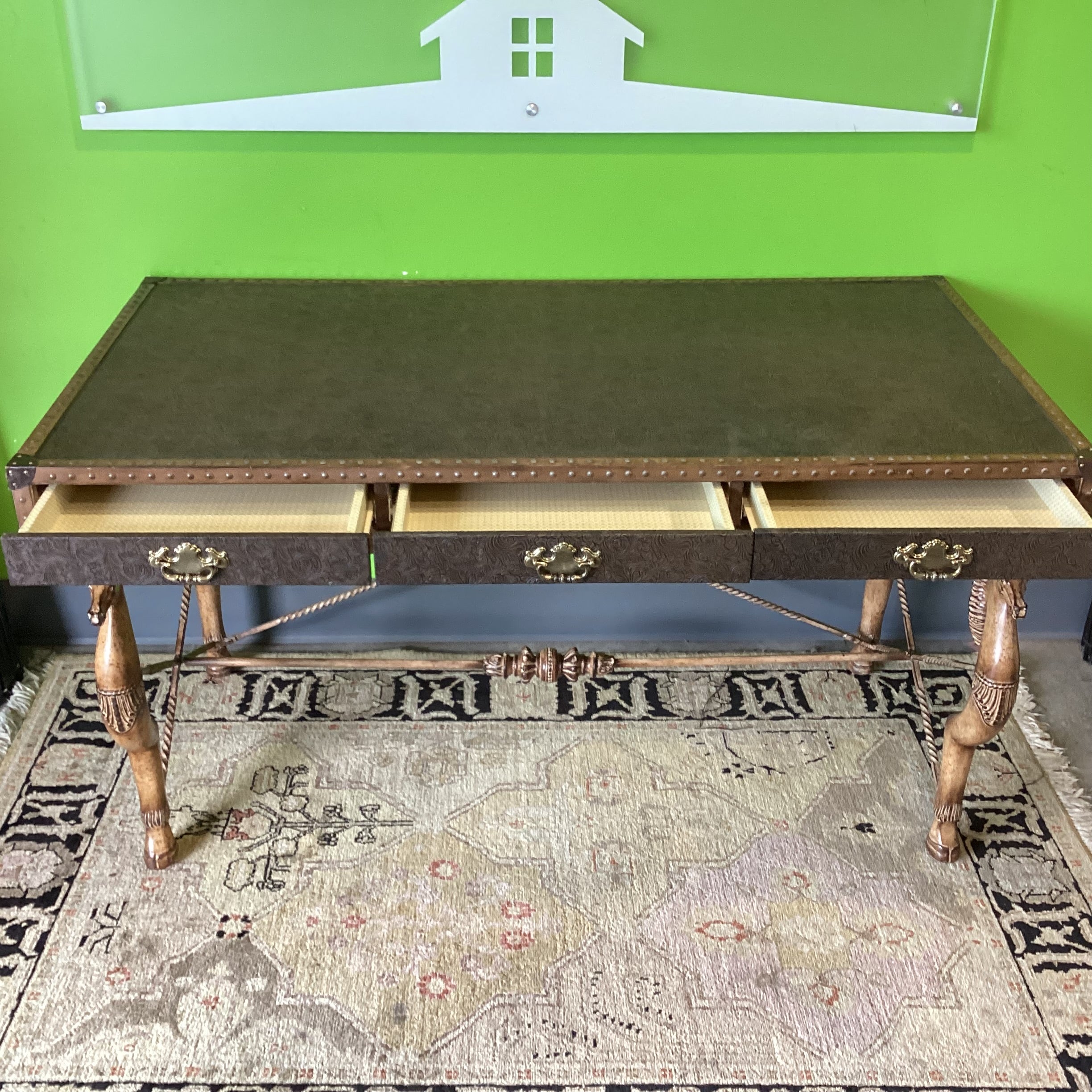 Maitland Smith Carved Horse Iron & Embossed Leather Nailhead 3 Drawer Desk 57.5"x 30.5"x 32"