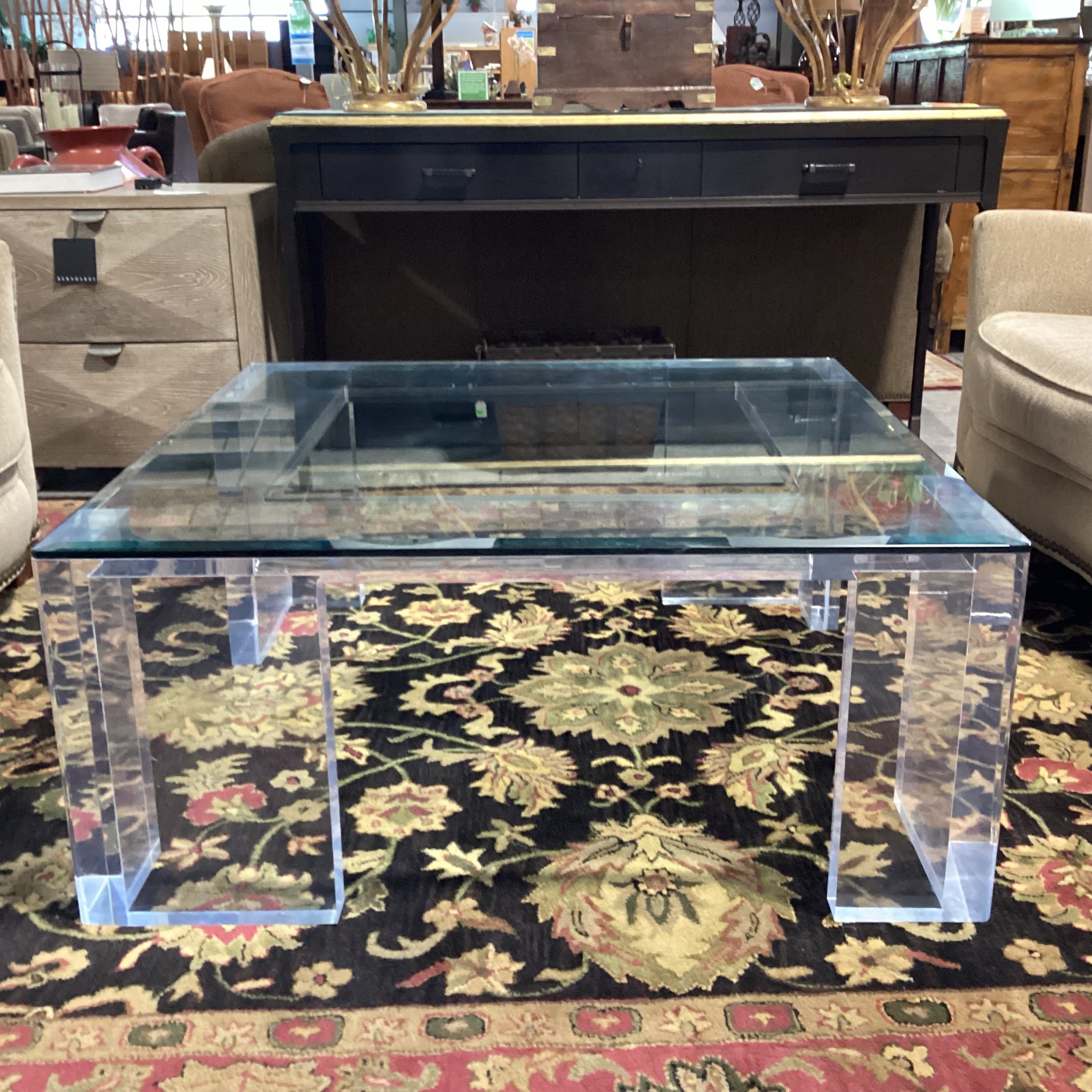 Modern Lucite & Glass Coffee Table 42"x 42"x 19"