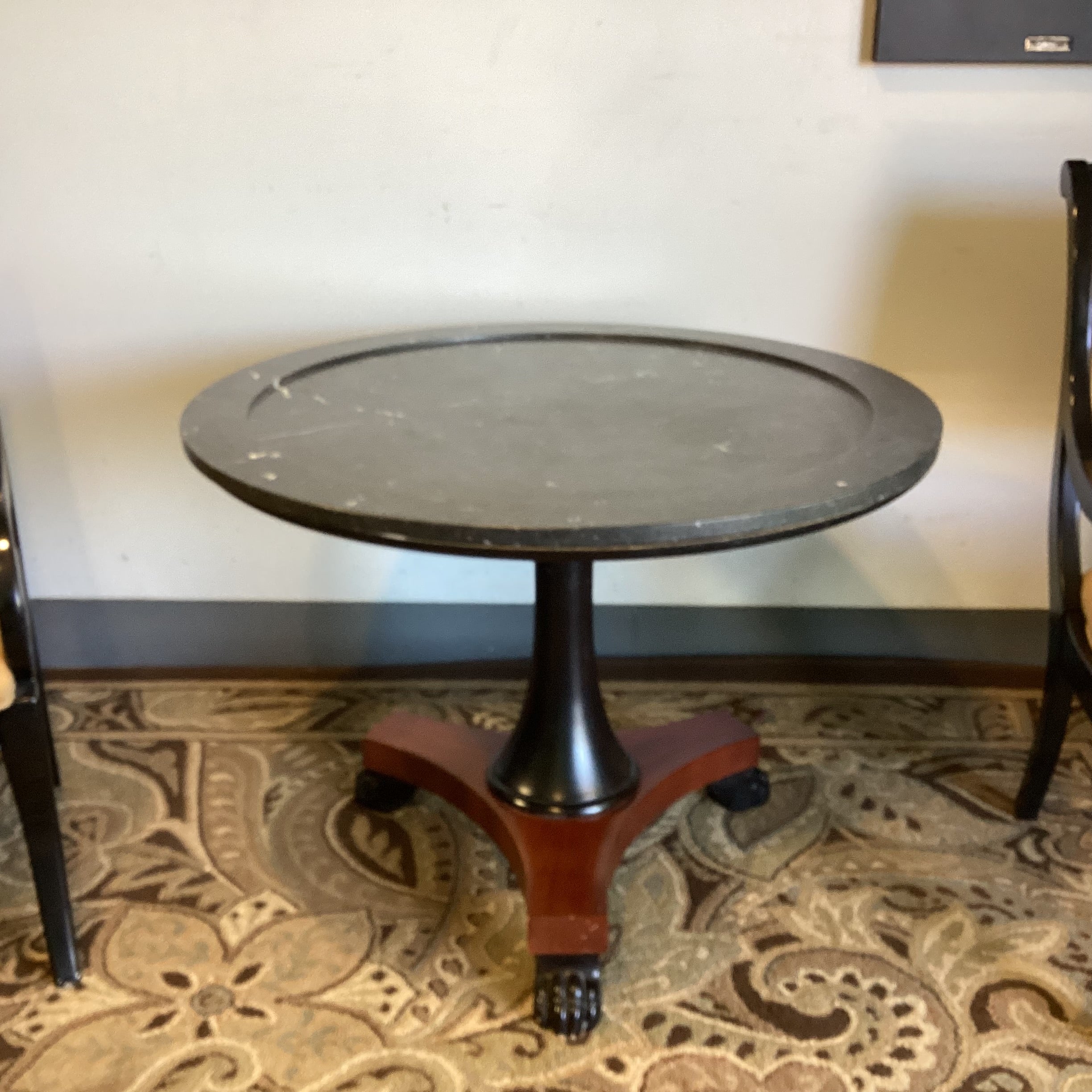 Ralph Lauren Round Black Marble Mahogany Pedestal with Carved Paw Feet Foyer Accent Table 38.5" Diameter x 28"
