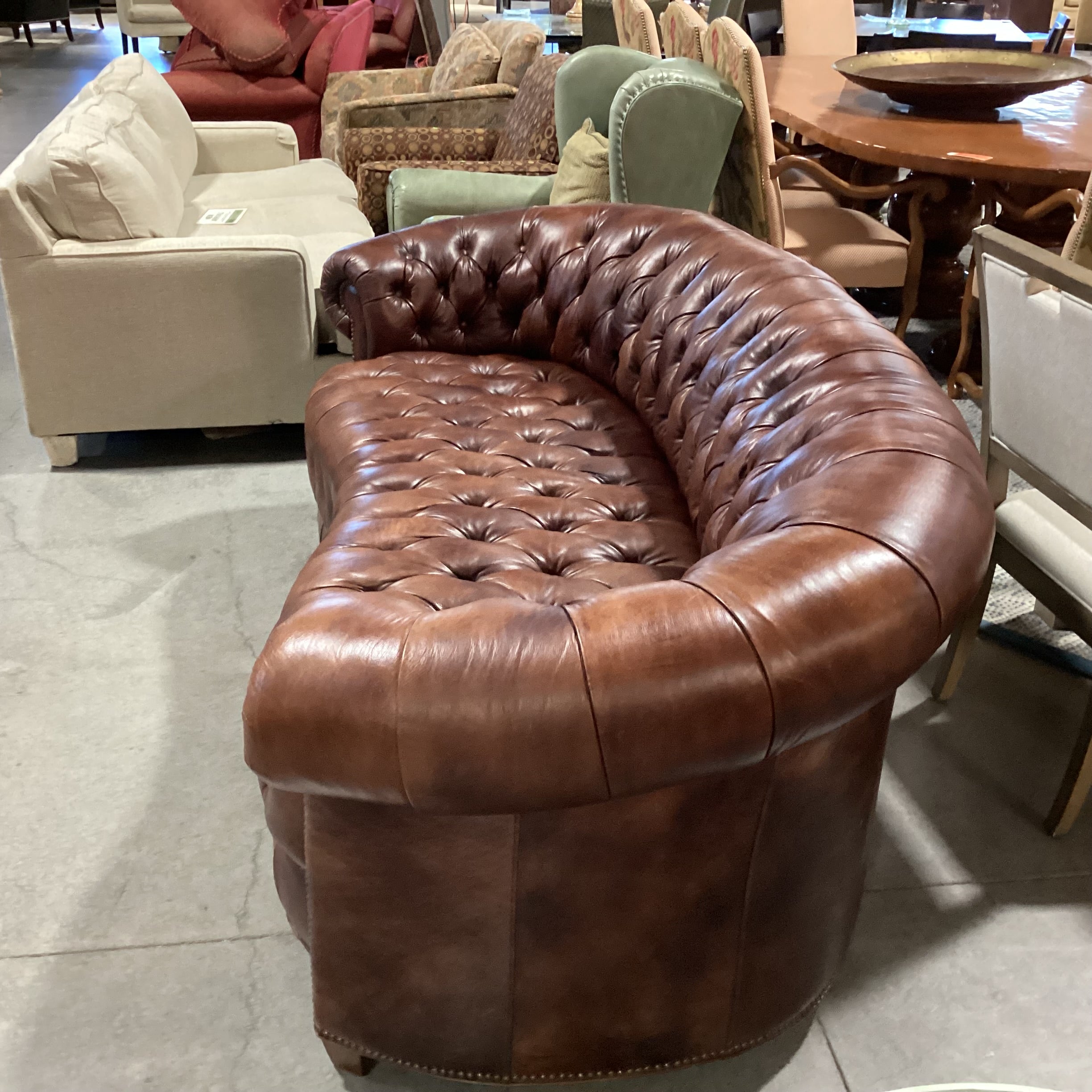 Henredon Rolled Arm English Style Button Tufted Leather Nailhead Sofa 87"x 44"x 33"