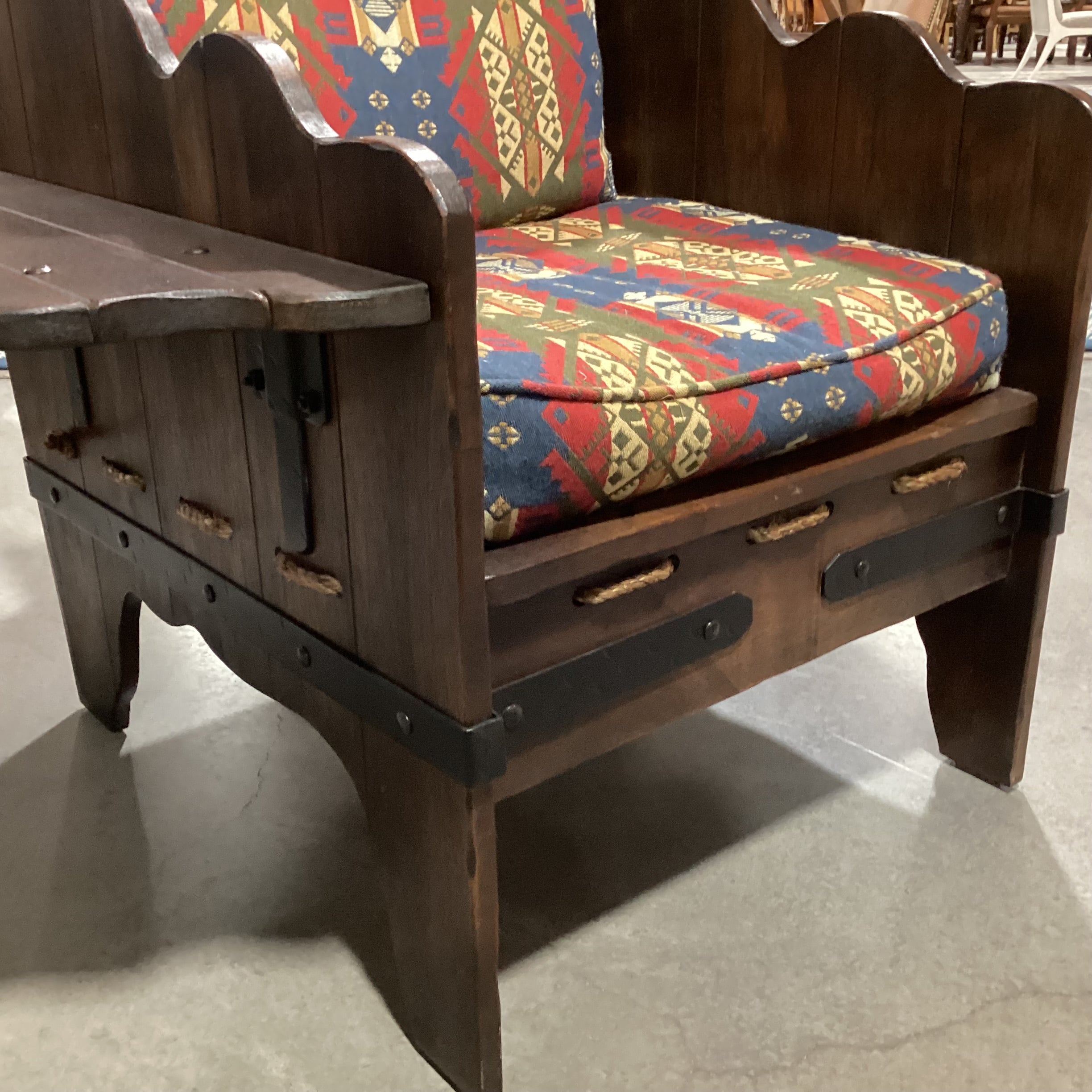 Art in Fine Forms Custom Dark Finish Plank Wood Iron & Rope Southwest Cushions with Side Table Chair 35"x 31"x 34"