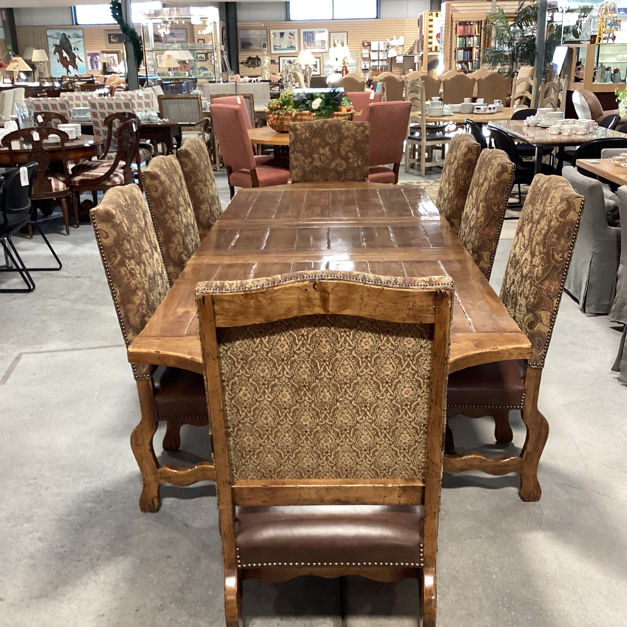 Distressed Finished Wood with Leaf & 8 Carved Wood Leather & Upholstery Chairs Dining Set 120"x 44"x 30"