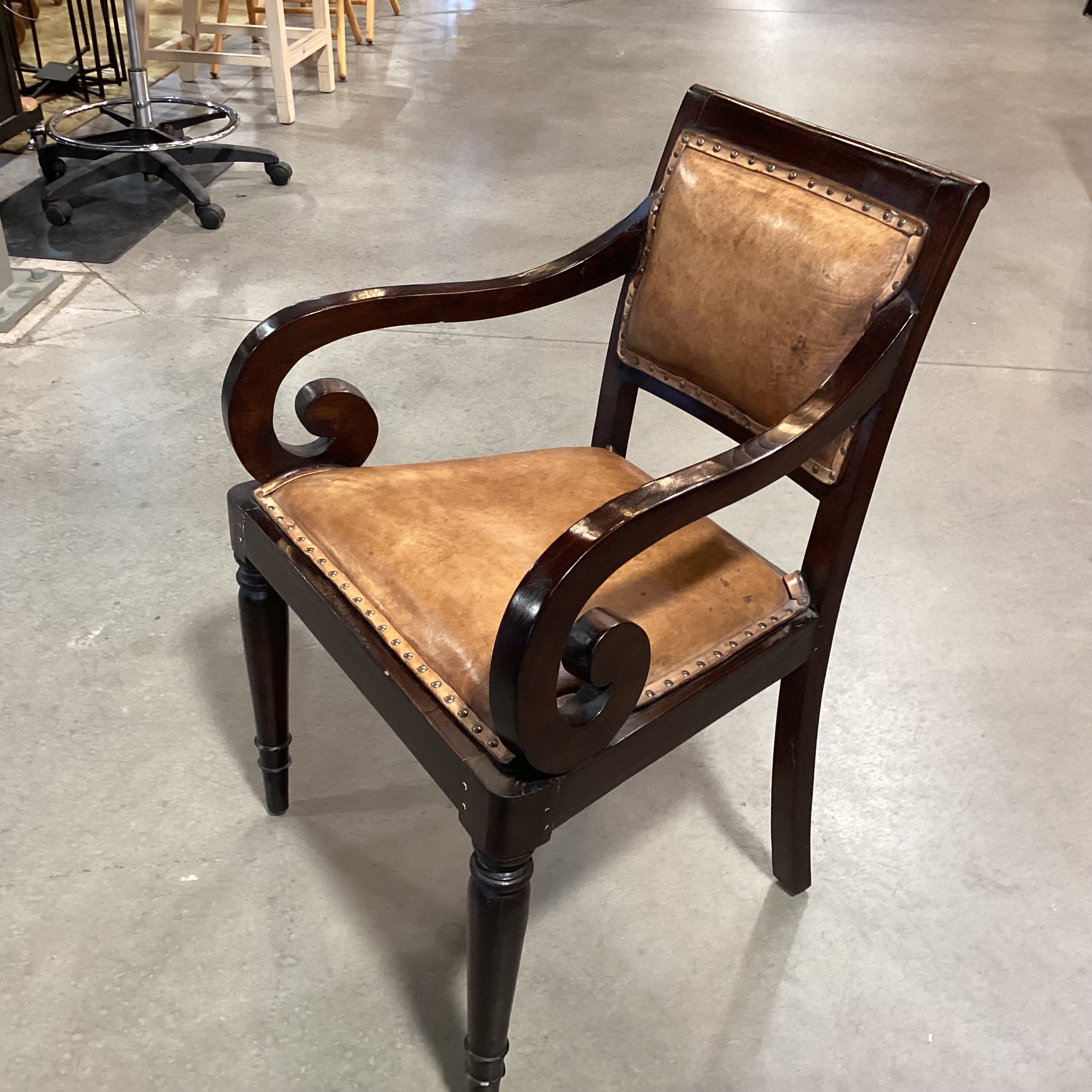 Vintage Antique Carved Scroll Arm & Leather Nailhead Chair 24"x 22"x 34"