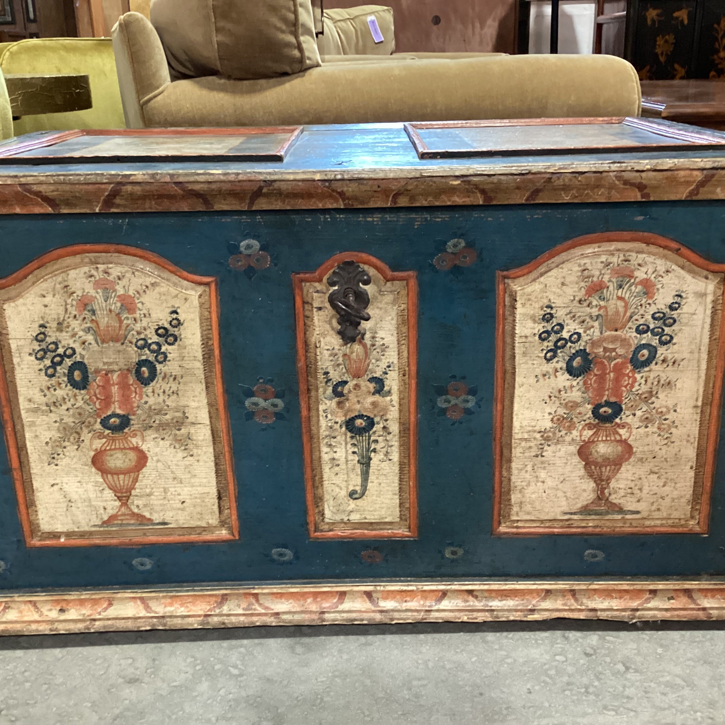 Antique Carved Wood with Hand Painted Floral Panels Trunk 42"x 25"x 23.5"