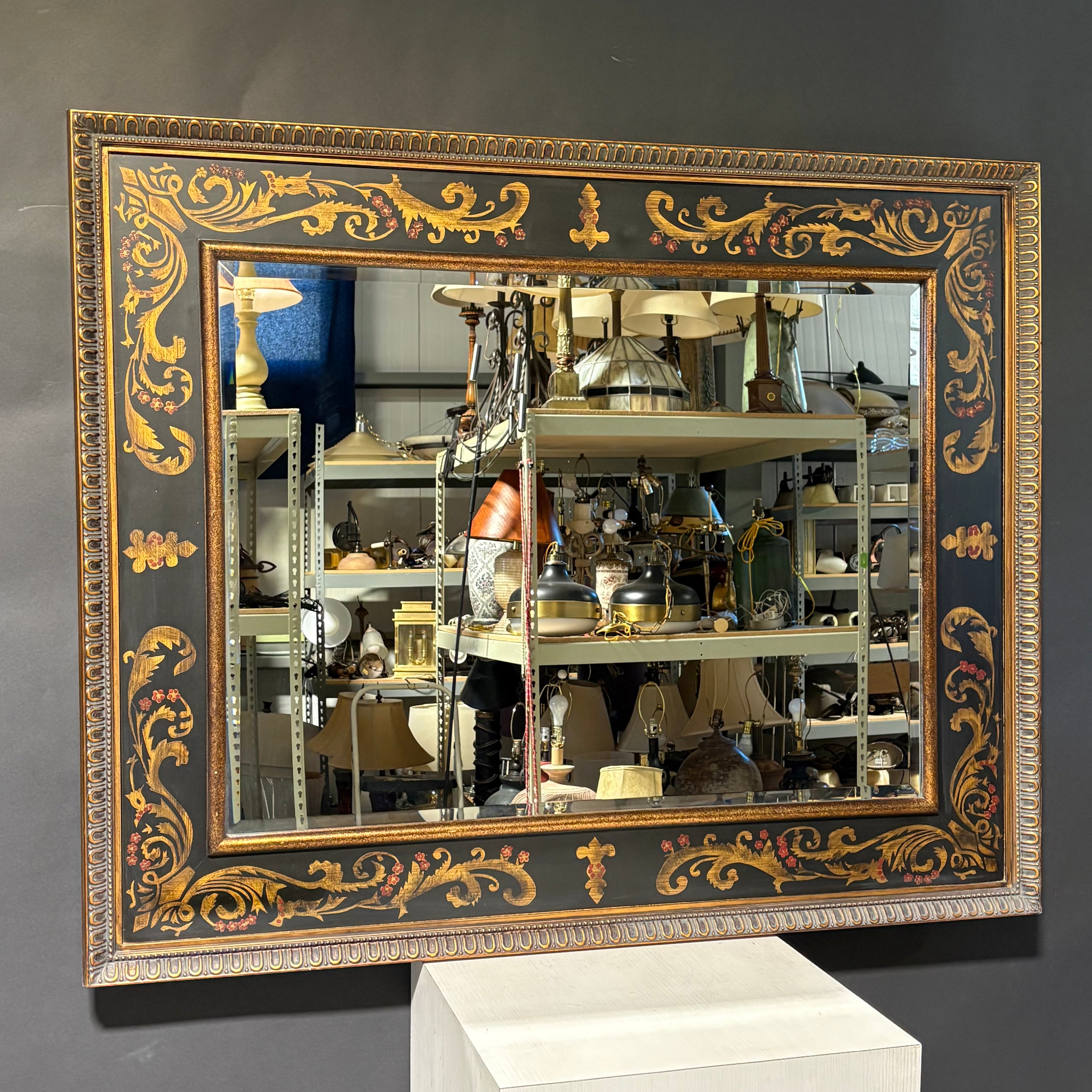 John Richards Gold, Black, Red Ornate Floral Painted Beveled Wall Hanging Mirror 53.5”x 43.5”