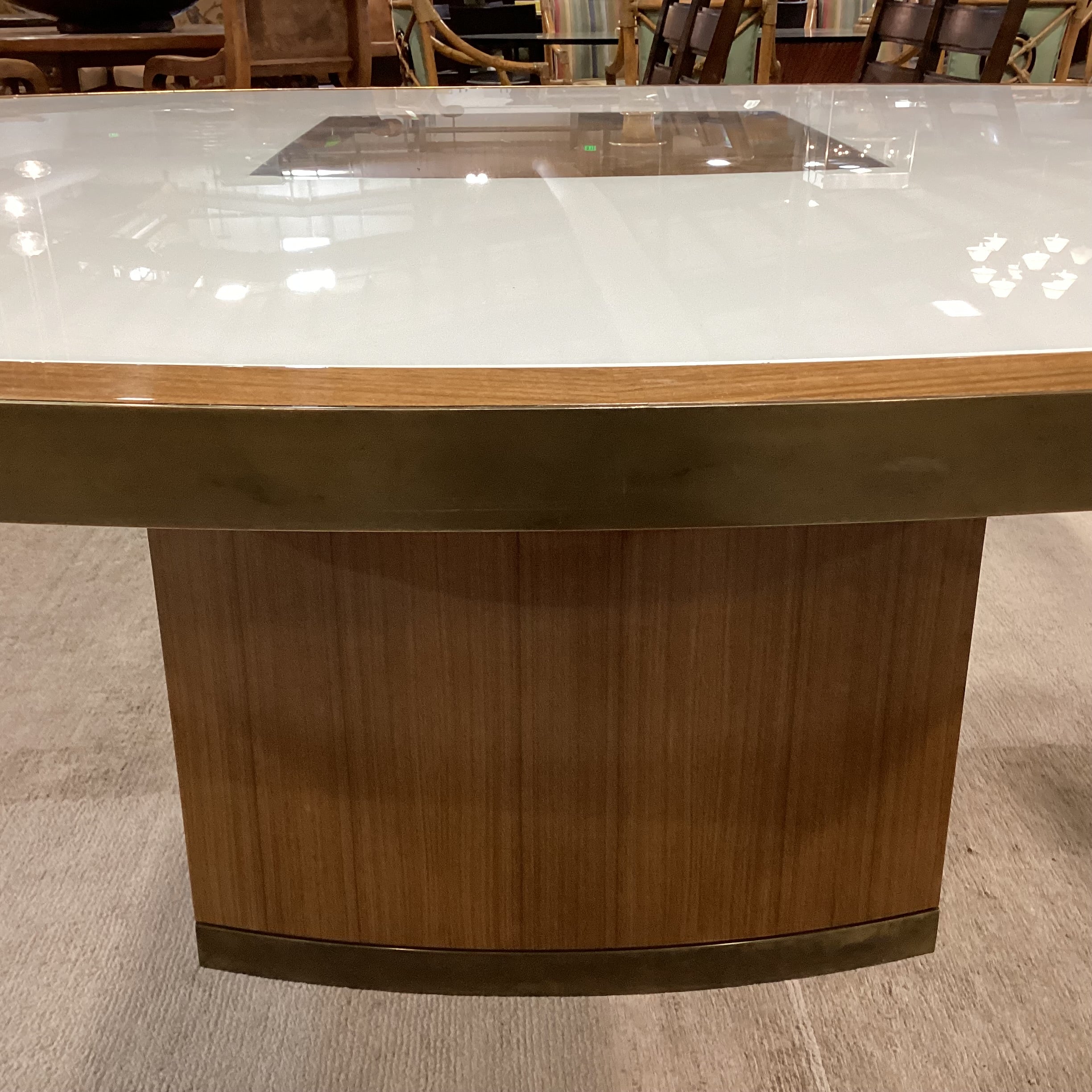 Custom Wood Veneer Brass White Lacquer & Glass Top Dining Table 66"x 66"x 29"