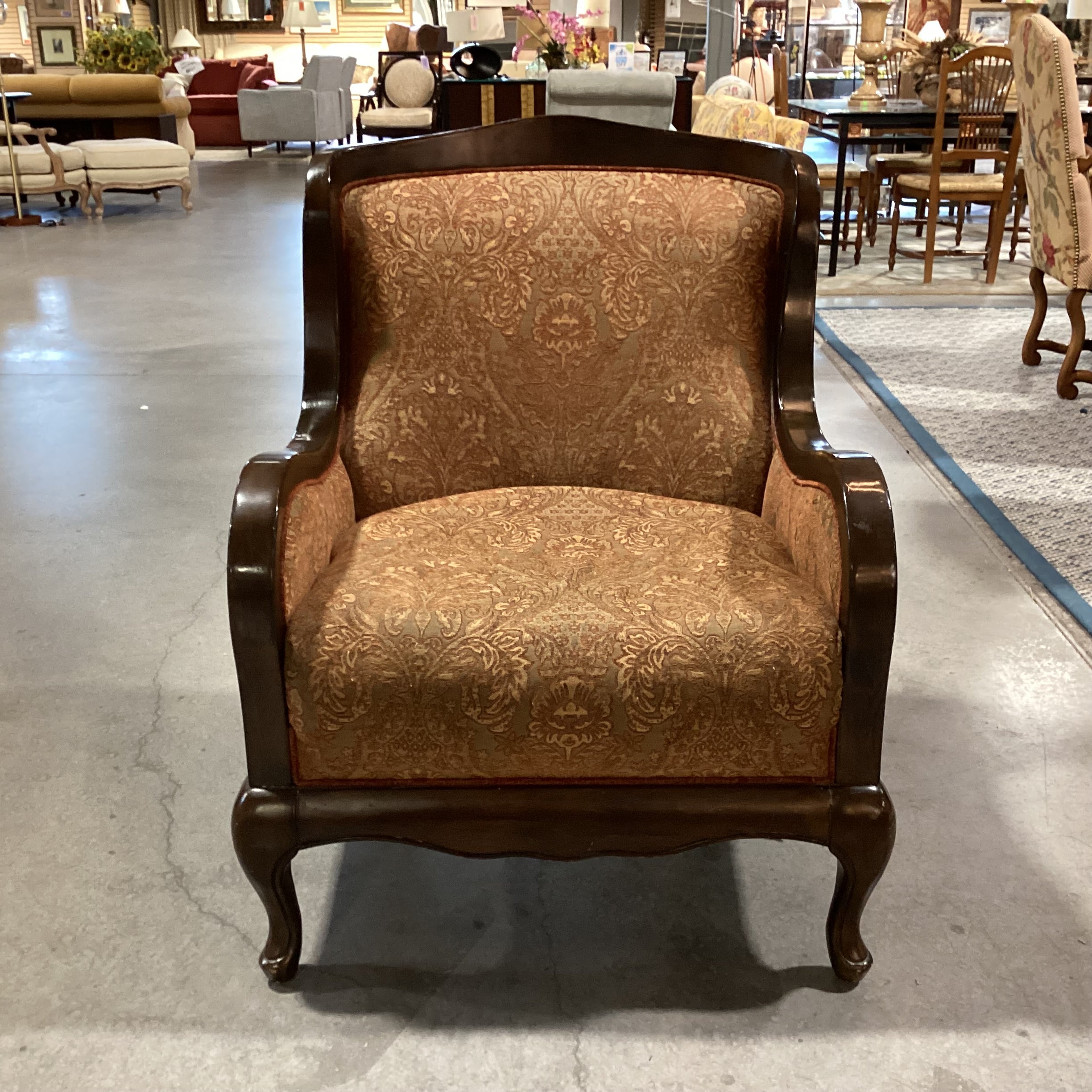Vintage Carved Wood & Ornate Brown Burnt Orange Gold Upholstery with Raised Velvet Back Chair 29"x 31"x 38.5"