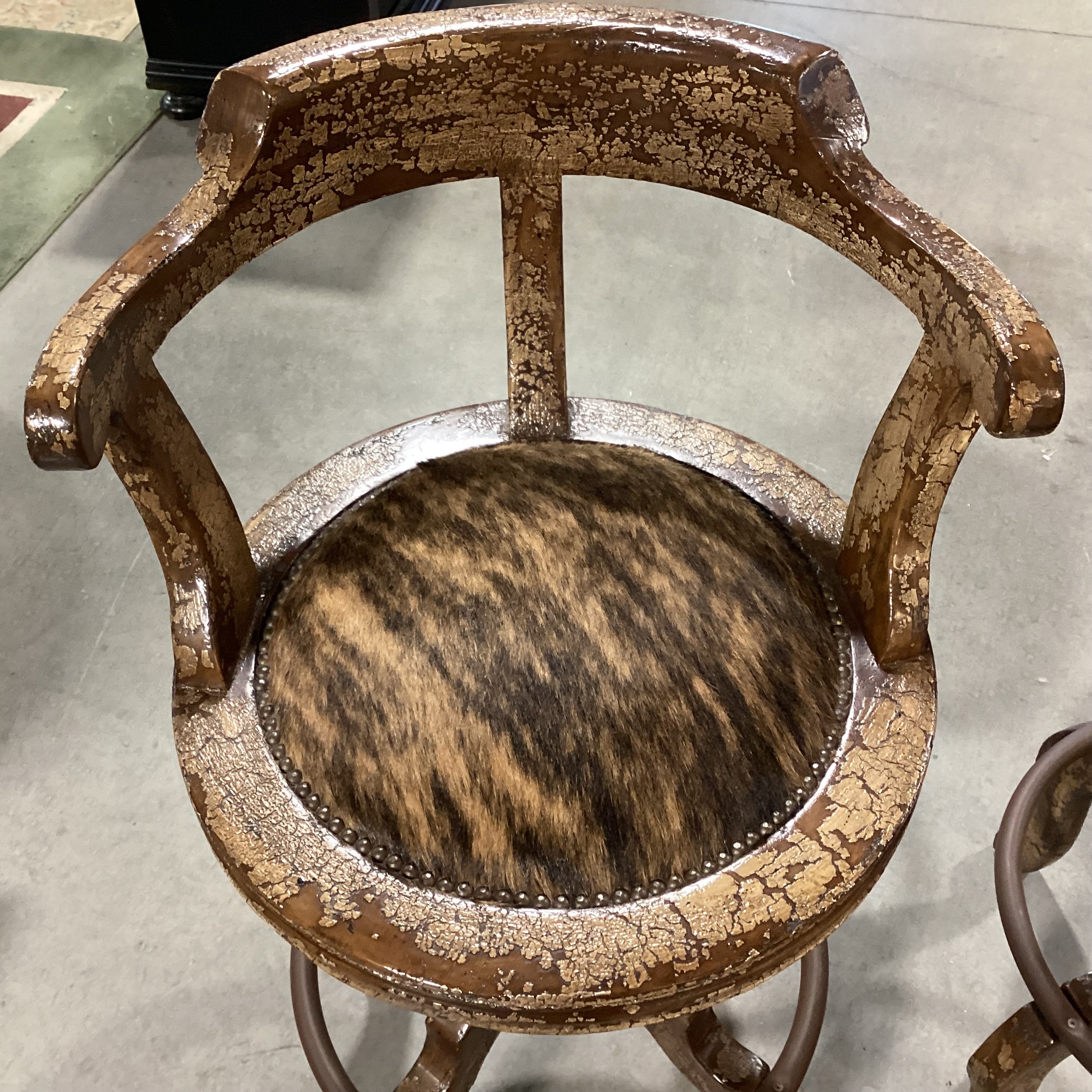 SET of 2 CBS Carved Wood Dark Desert Finish with Crackle Detail Brindle Cowhide Nailhead Swivel Barstools 31"