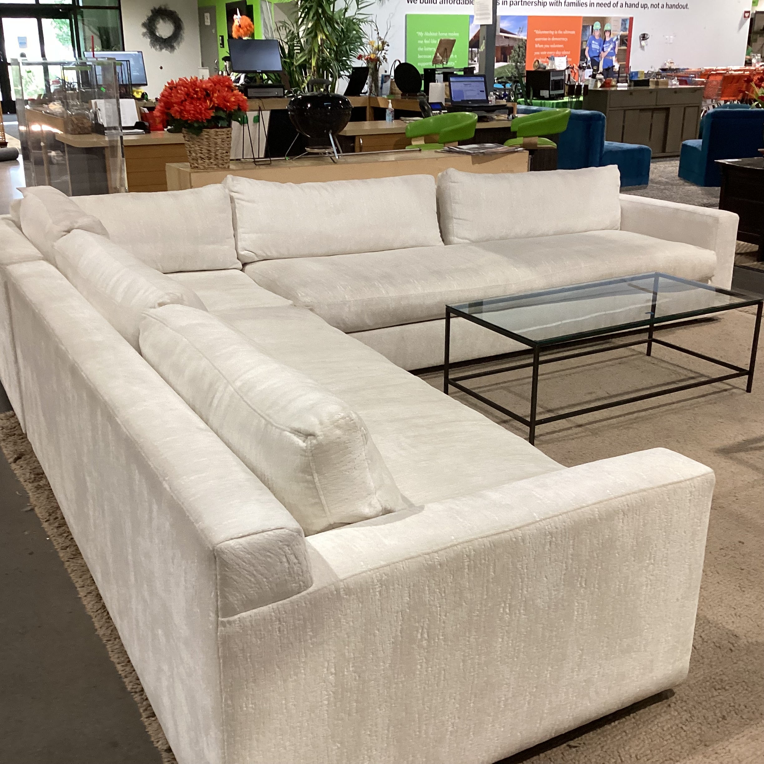 Custom Ivory Raised Texture Velvet Down Mix 3 Piece Sectional 146"x 134"x 45"x 29"