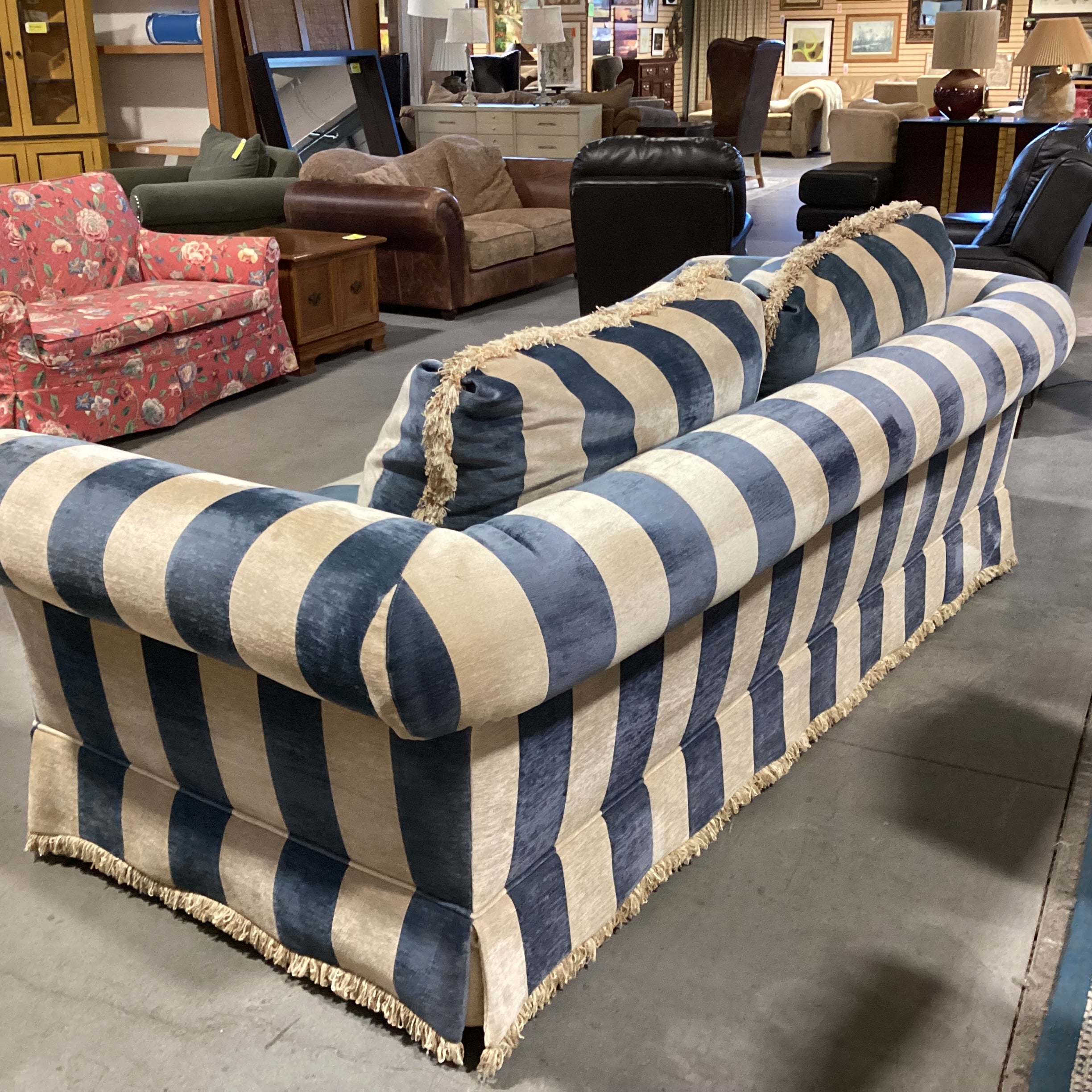 Custom Wedgewood Blue & Beige Velvet with Fringe Down Mix Sofa 96"x 44"x 30"