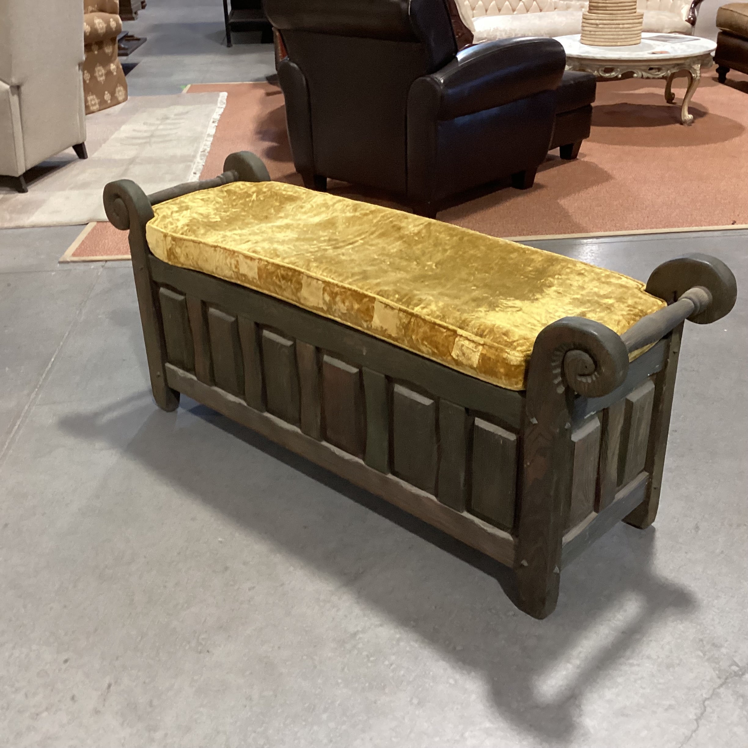 Vintage Green Washed Carved Oak & Gold Crushed Velvet Cushion Storage Bench 56"x 16.5"x 24"