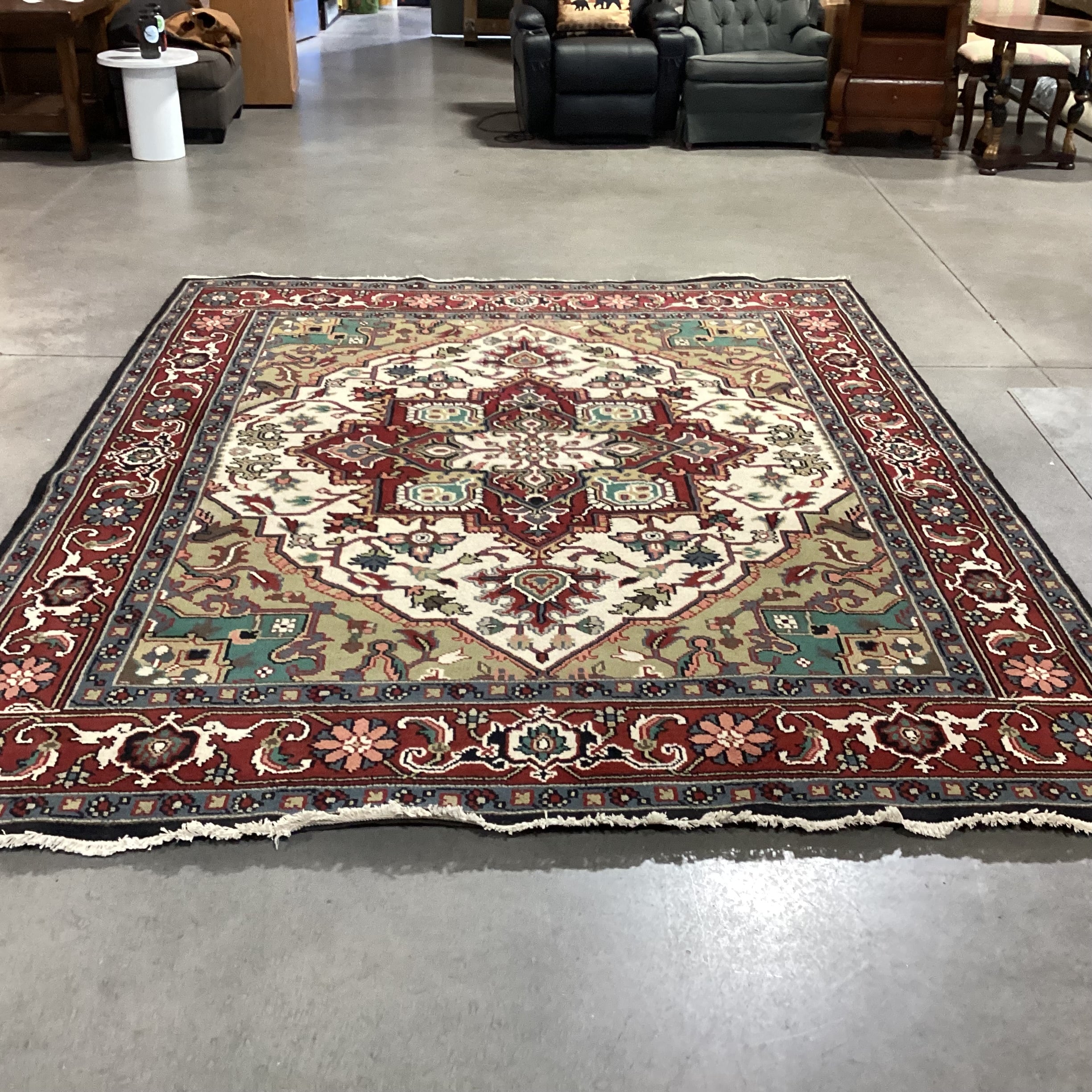 Red Blue Cream Hand Woven Wool Rug 8'x 10'