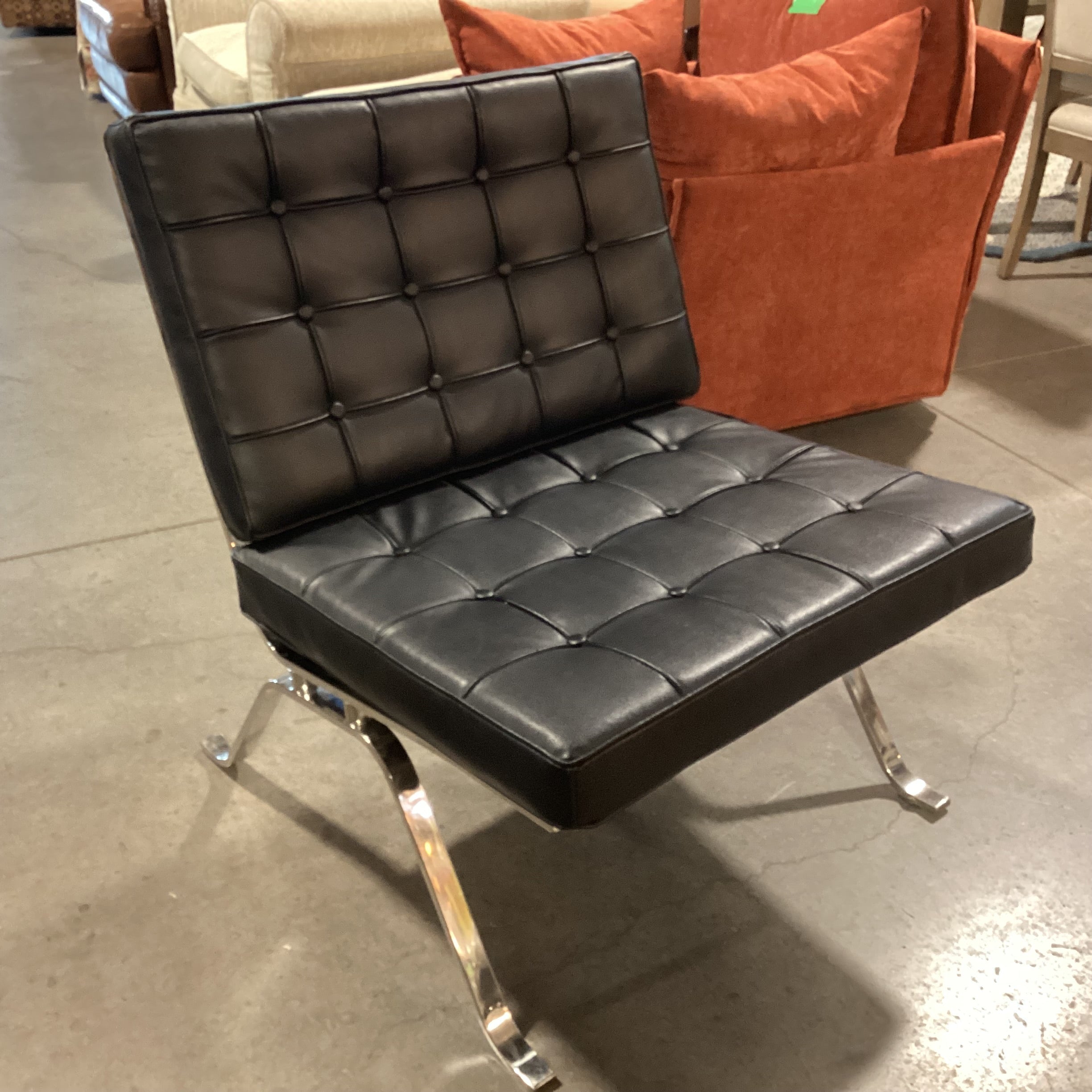 Barcelona Style Black Faux Leather Button Tufted & Chrome Lounge Chair 30"x 30"x 35"