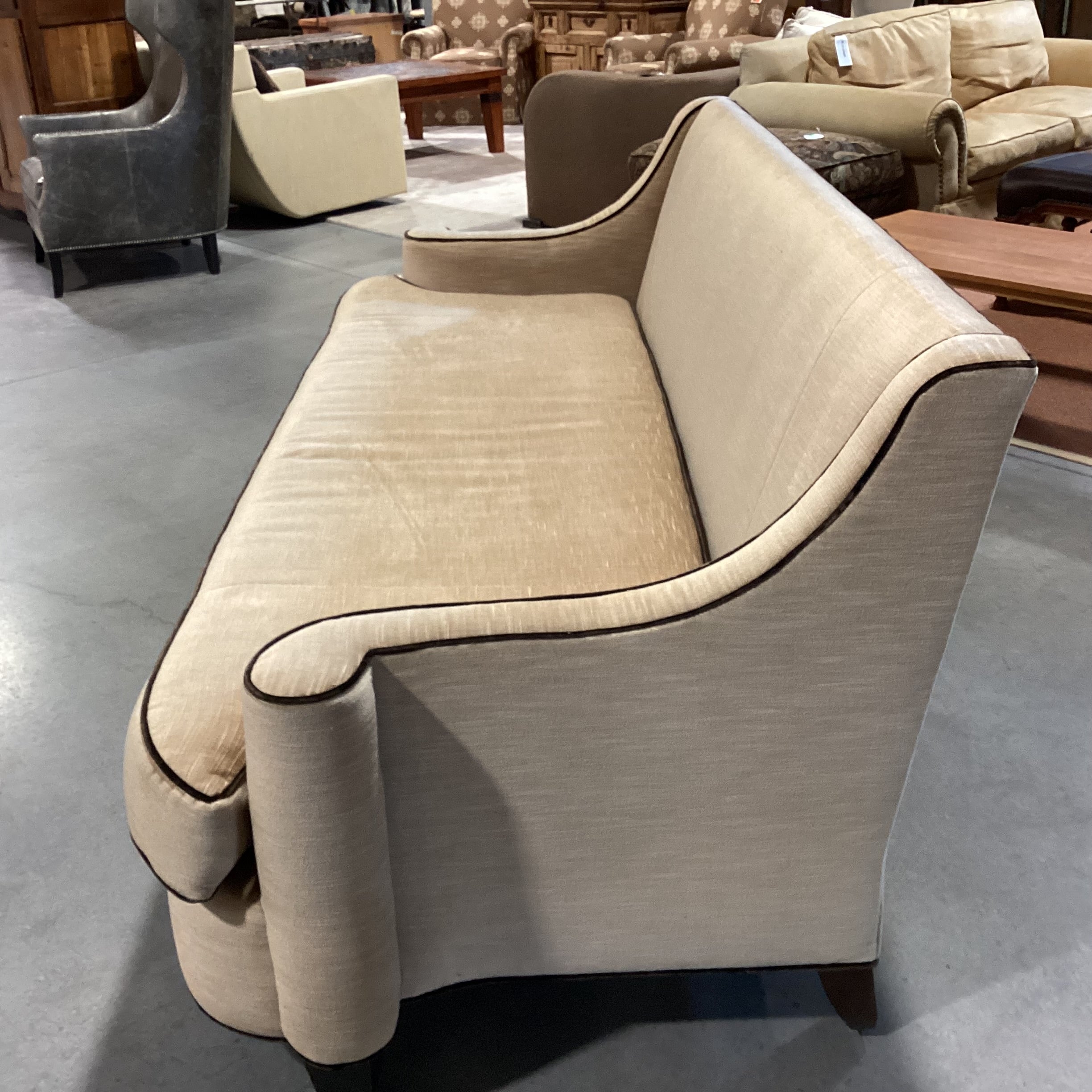 Golden Textured Velvet with Brown Velvet Piping Slope Roll Arm Custom Sofa 92.5"x 40"x 36"