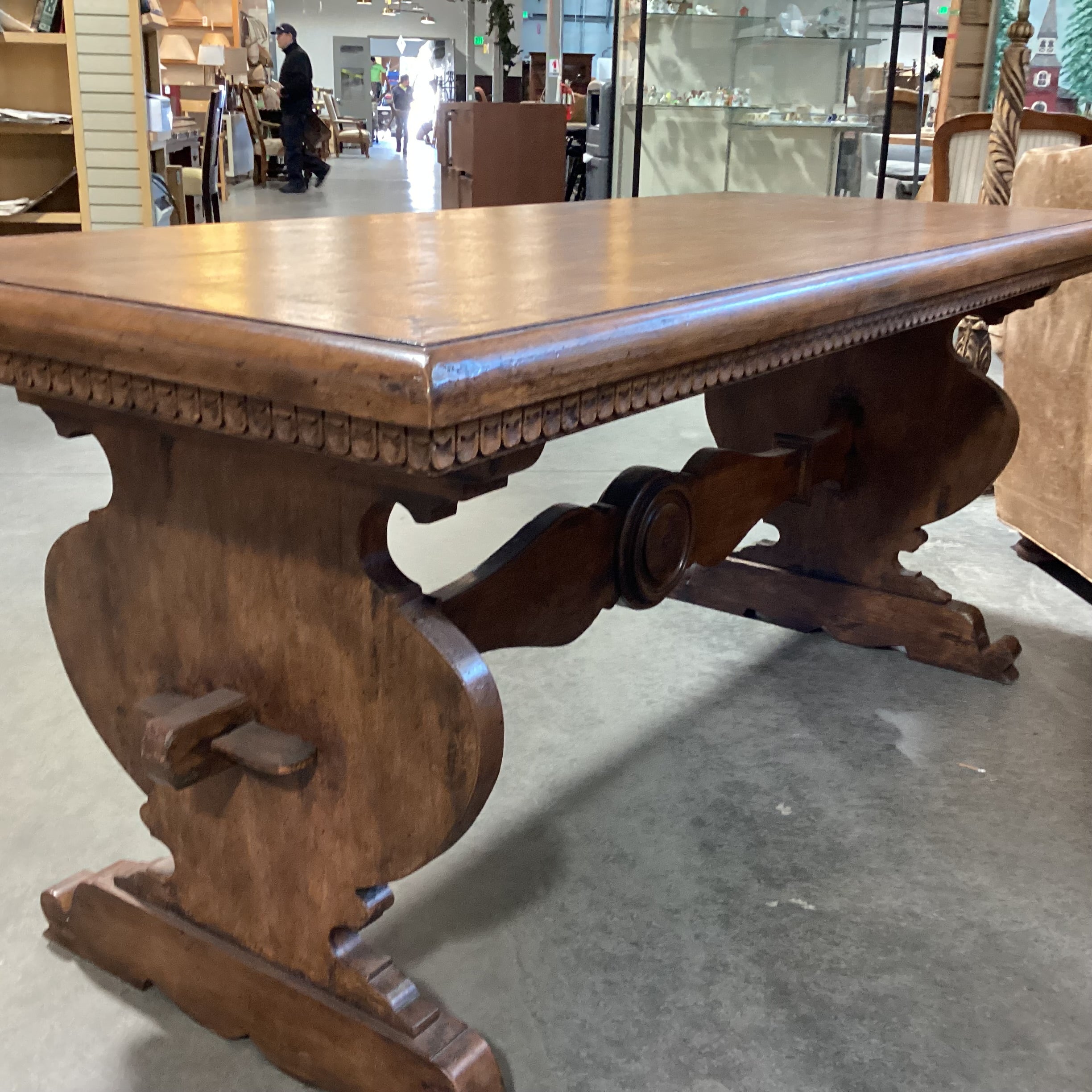 Distressed Finish Carved Wood with Dental Detail& Trestle Accent Table 70.5"x 30"x 30"