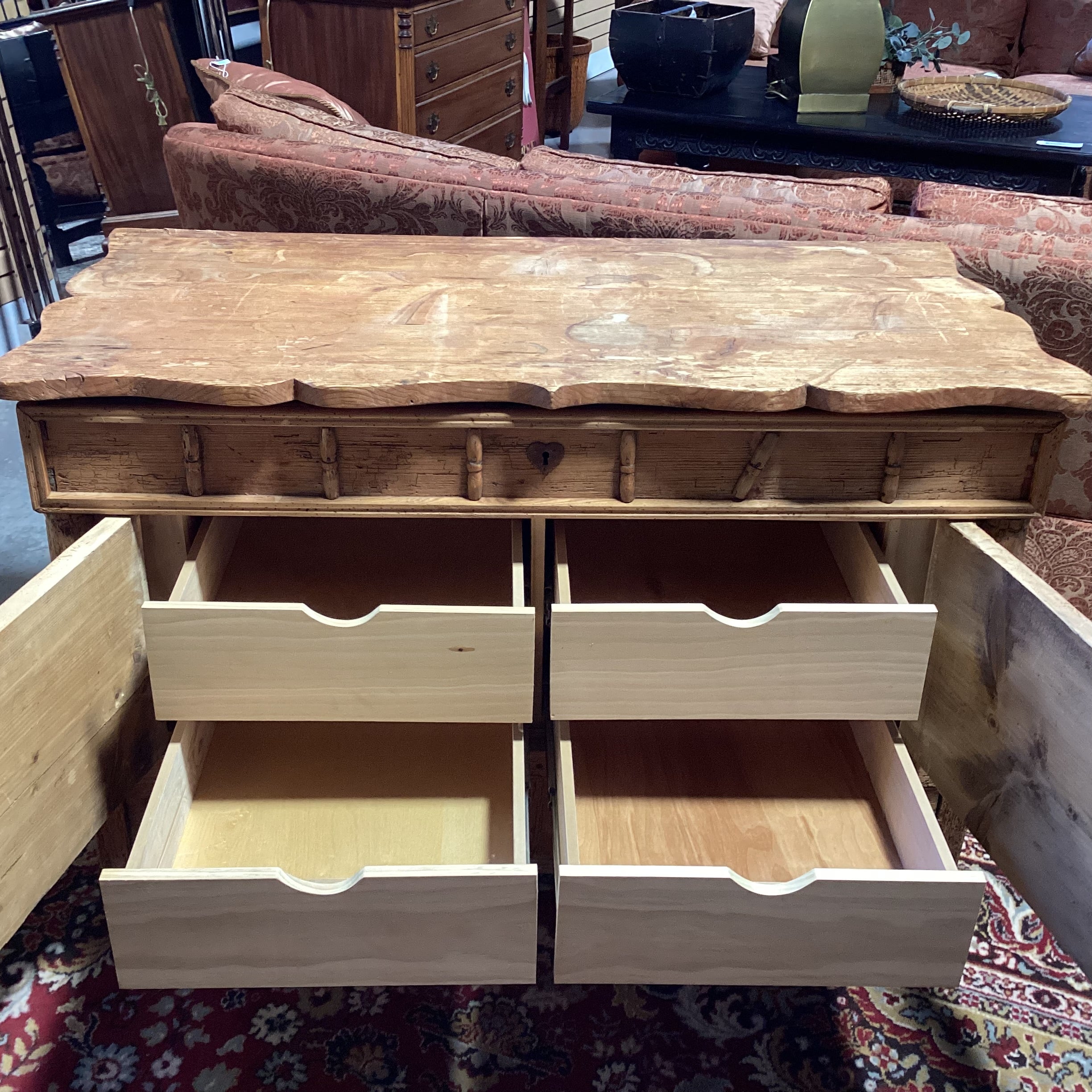 Antique Carved Pine with Repurposed Drawers Chest Trunk 52"x 28"x 33"