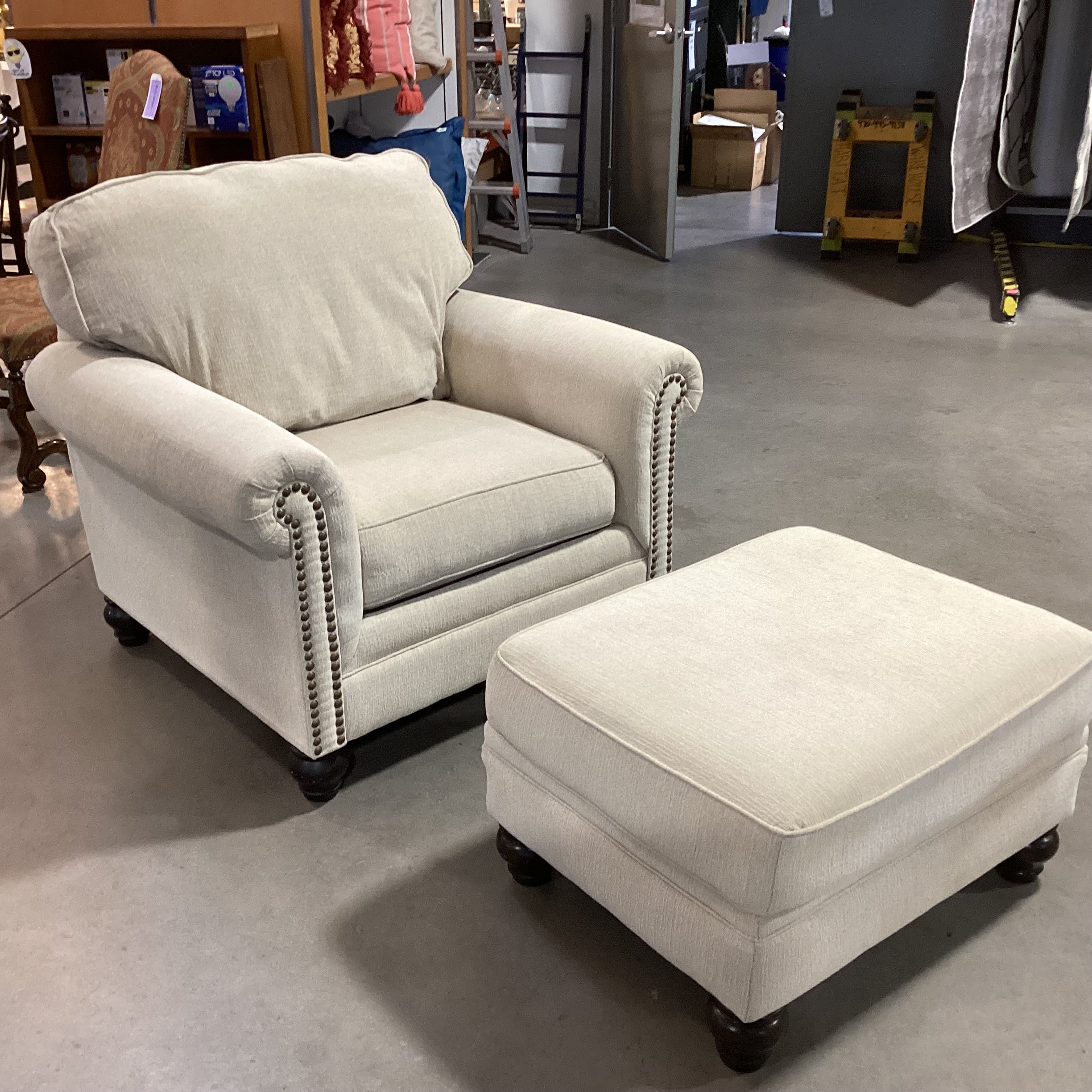 Ashley Furniture Cream Woven Nailhead with Ottoman Chair 41"x 38"x 38"